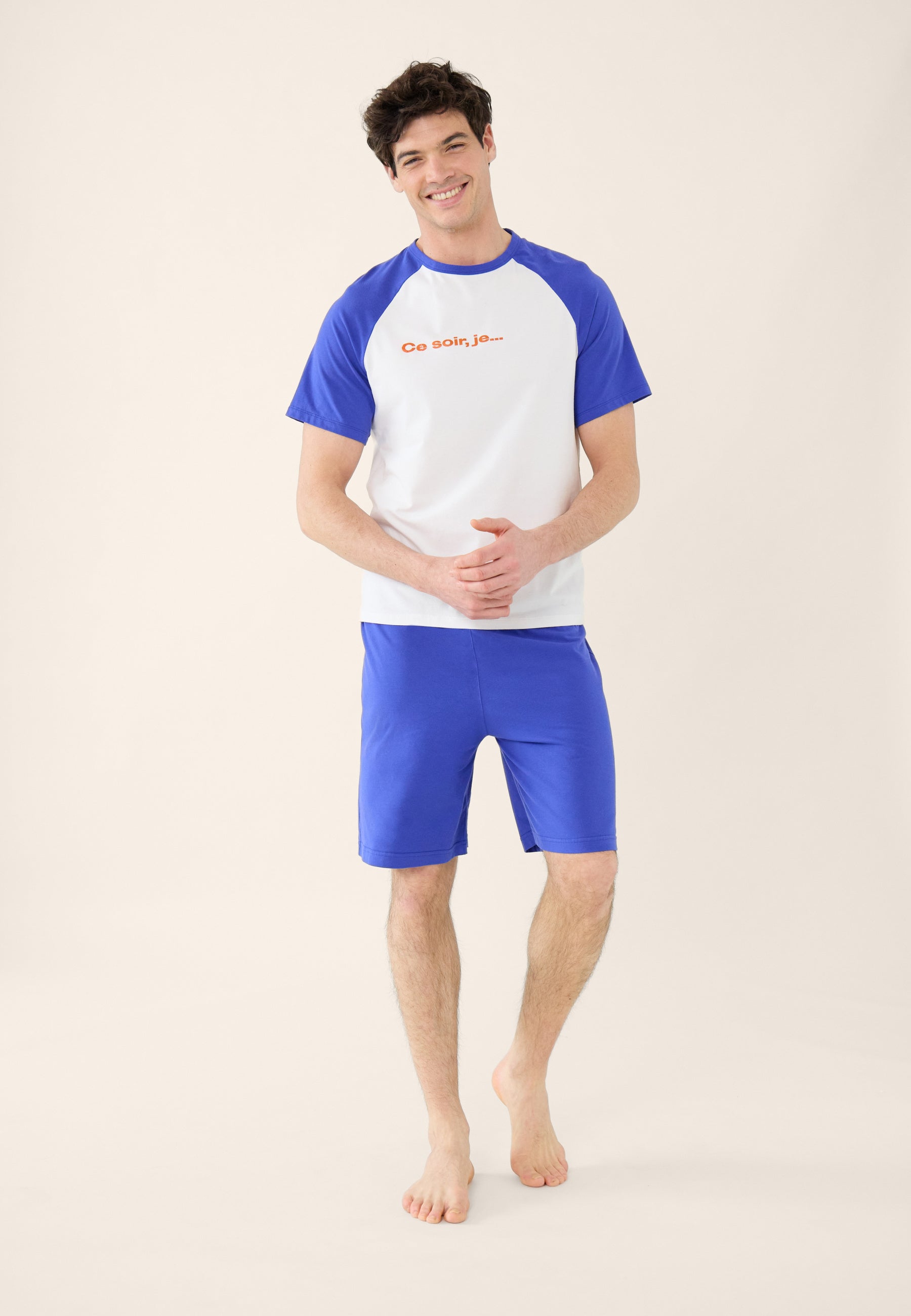Cotton T-shirt and shorts pajama set - Nathanael short-sleeved pajamas in white and dazzling blue