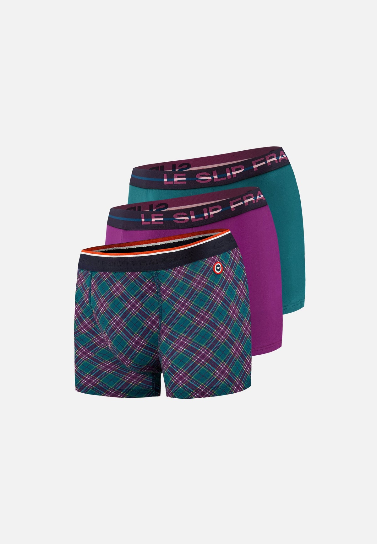 Lot de 3 boxers en coton - Boxers Tartan Violet Profond Bleu Canard