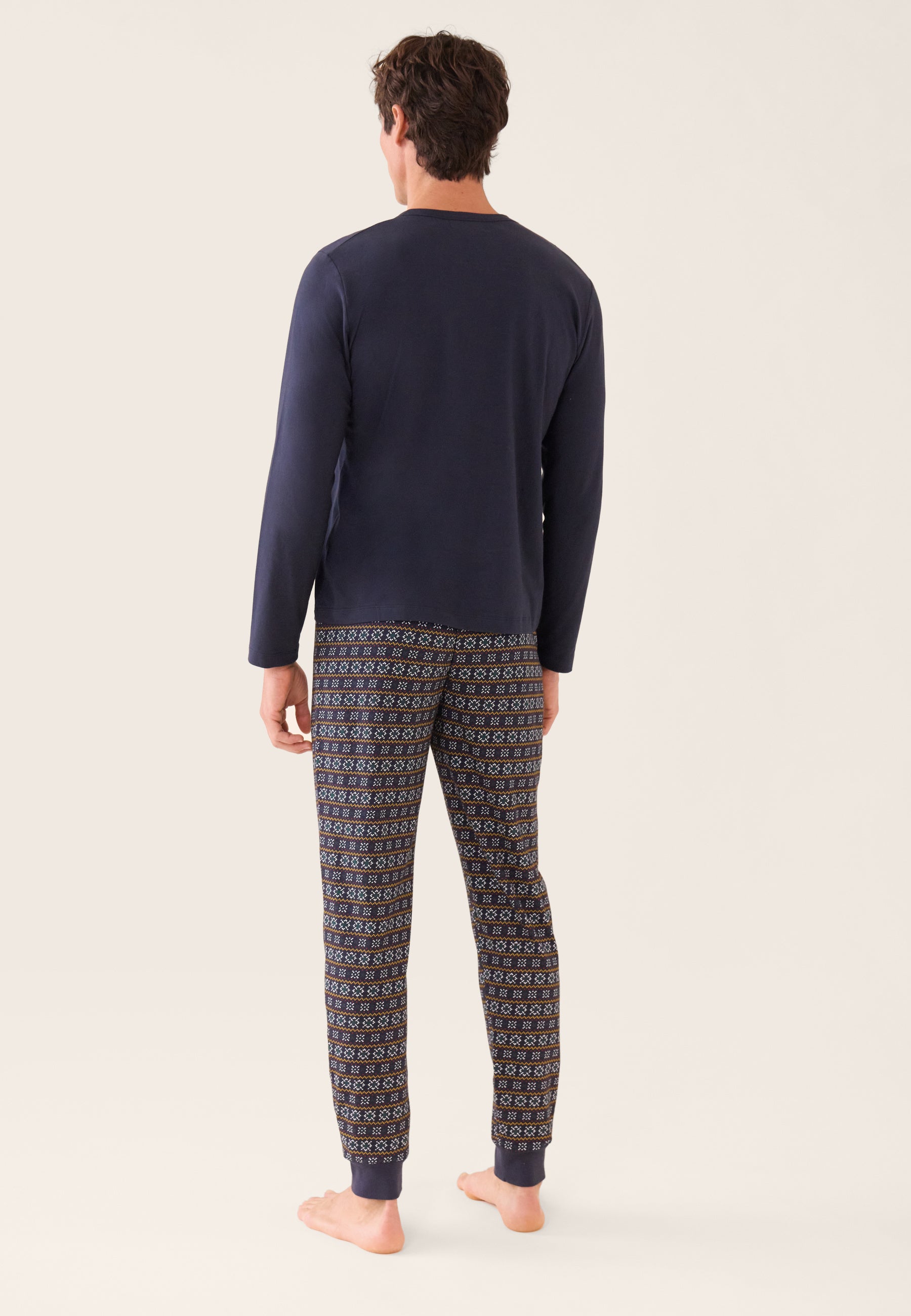 Ensemble pyjama haut bleu marine et bas fantaisie en coton - Pyjama Manuel Haut Manches Longues Uni Marine Et Bas Long Fantaisie