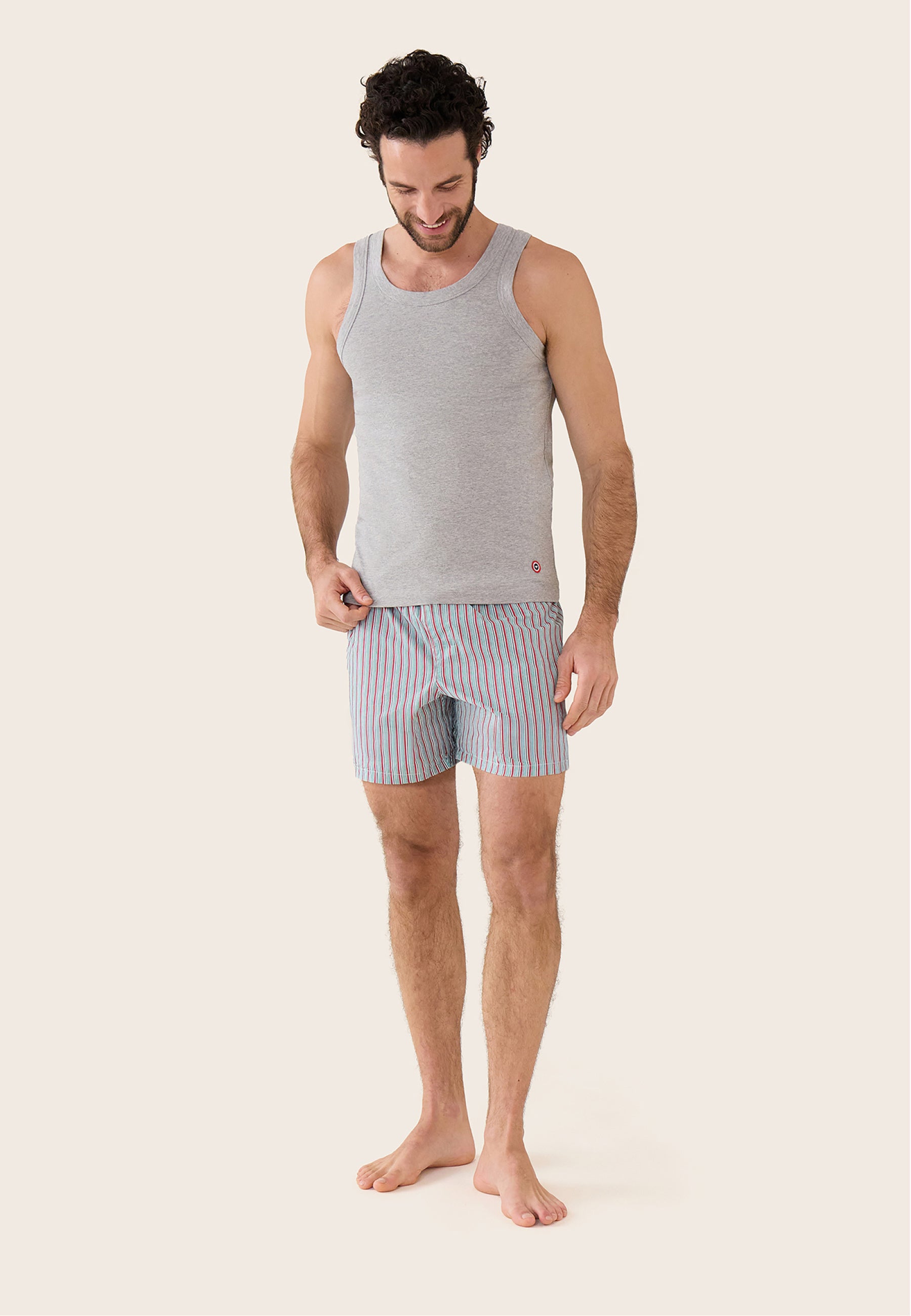 Ensemble pyjama débardeur et short en coton - Pyjama haut sans manches Fulminant gris et bas de pyjama court Jacquot Rayures Matelas Rose Cerise