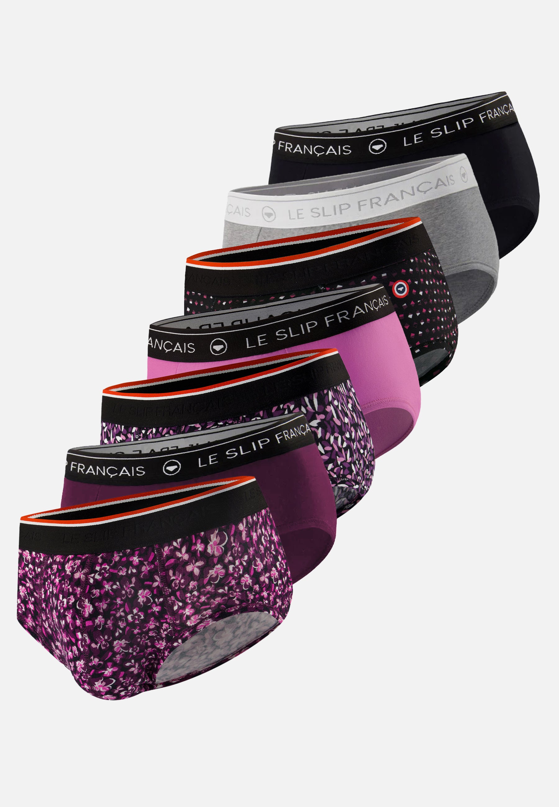 Lot de 7 slips en coton - Slips Prune Noir Fuchsia Gris Chiné Hibiscus Prune Gavotte Prune Petit Carrés Noir
