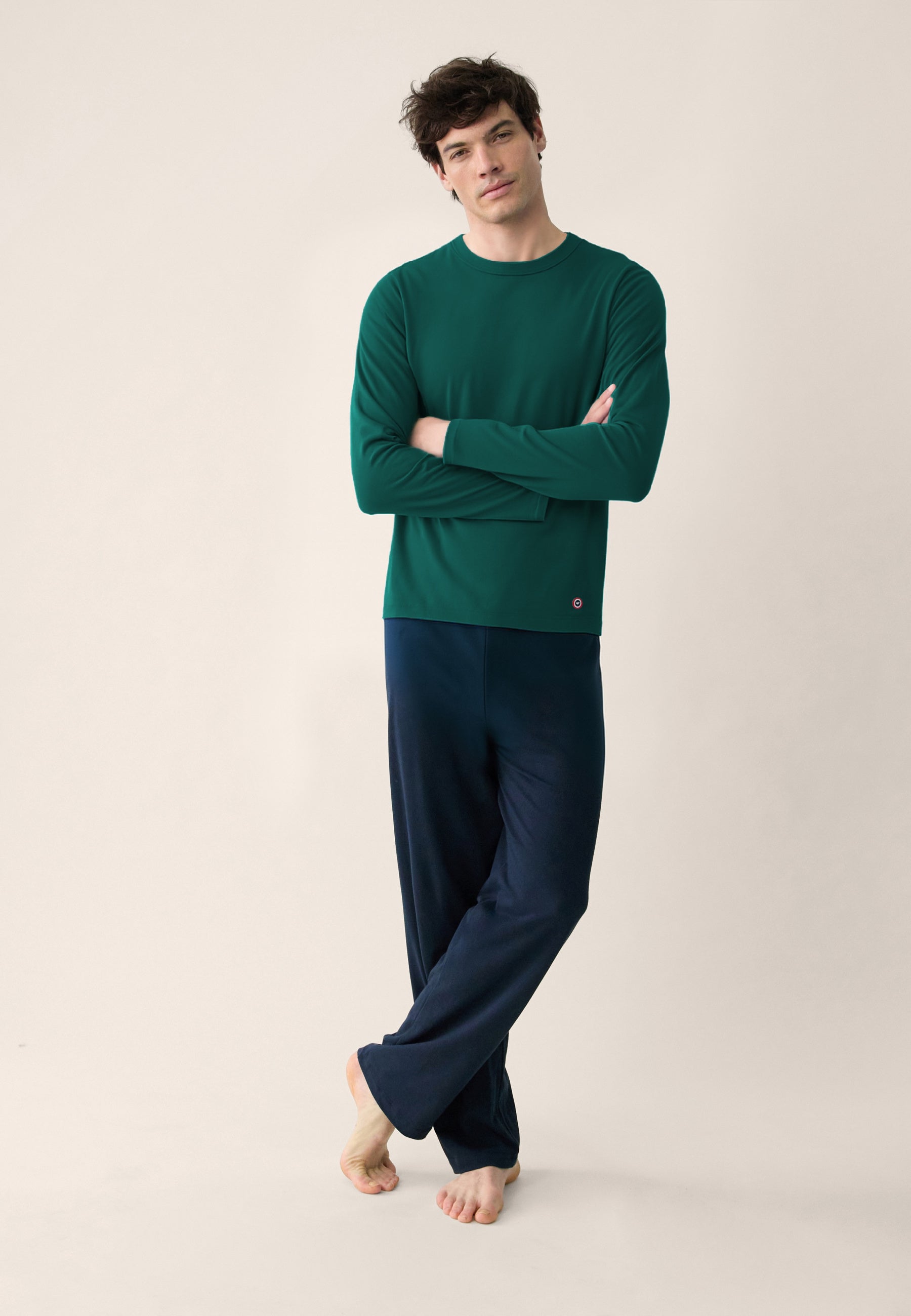 Ensemble pyjama haut vert sapin et pantalon marine en coton - Pyjama haut manches longues superbe Vert Sapin et bas de pyjama long indomptable Marine