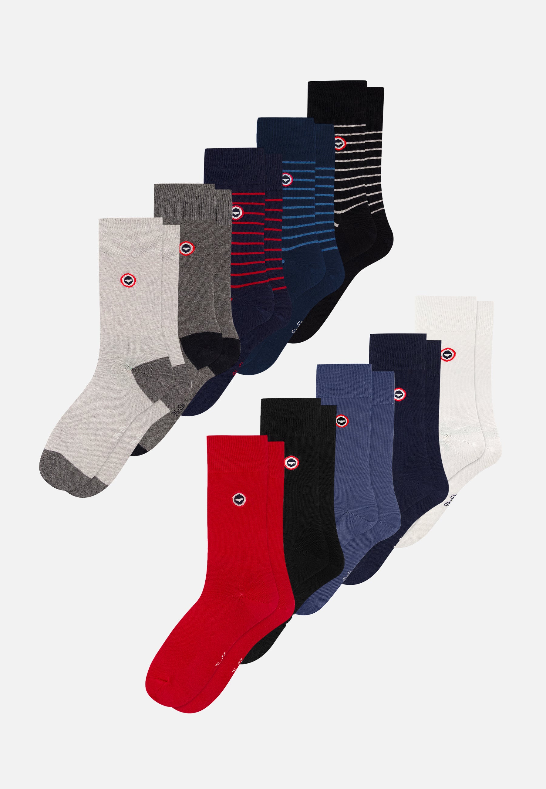 Pack of 10 cotton mid-calf socks - Charcoal Grey Black Light Grey White Navy Steel Red Cherry Stripes