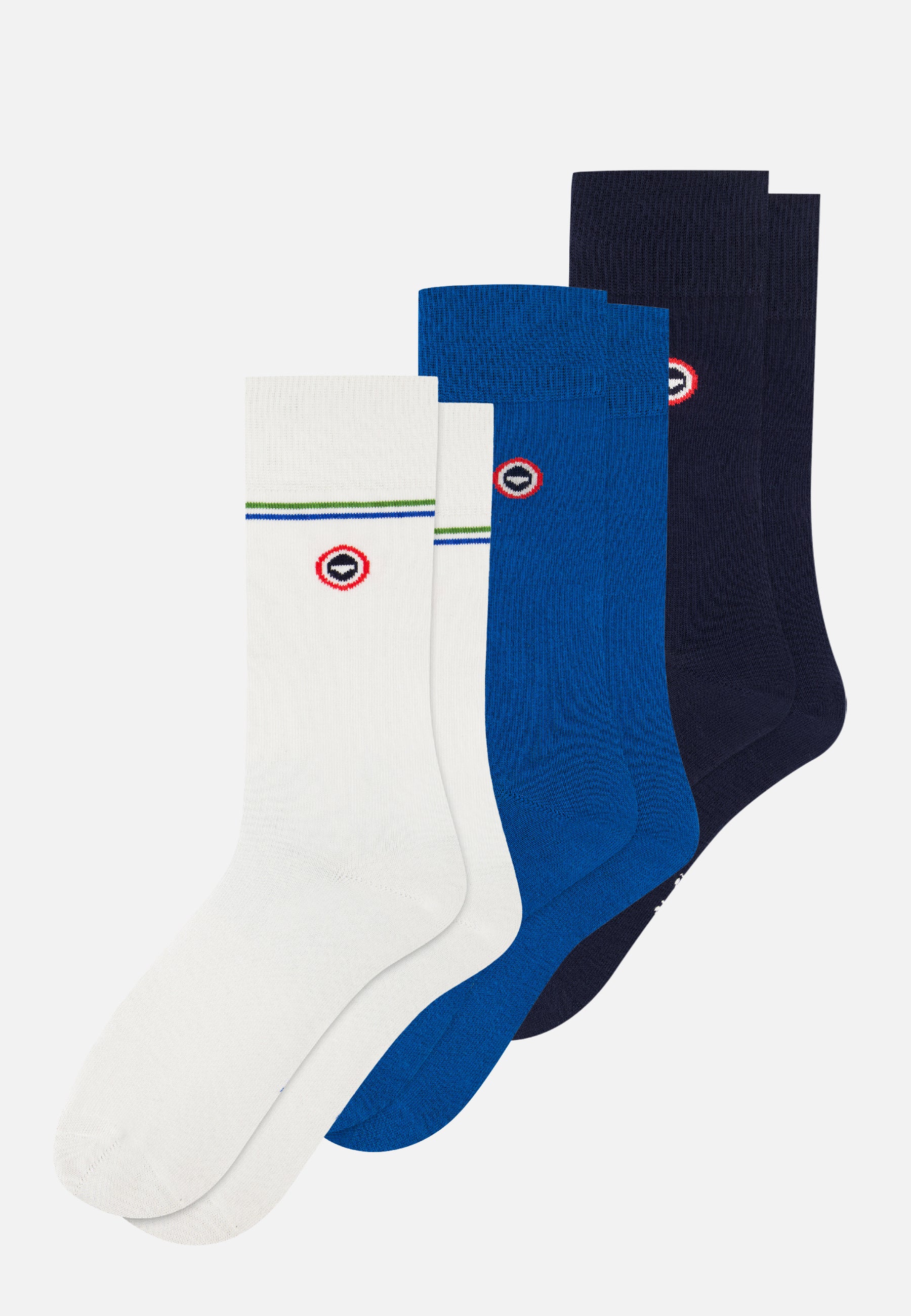 Set of 3 mid-calf cotton socks - White, Blue, Turquoise, and Navy Line Socks