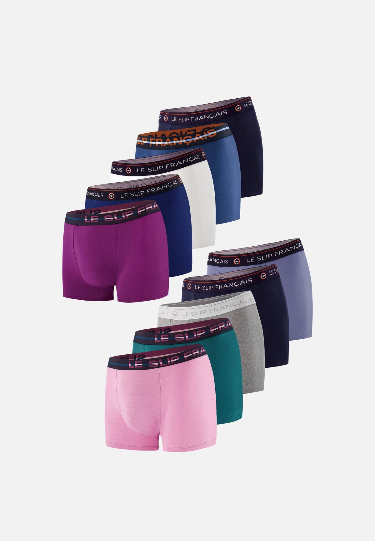 Lot de 10 boxers en coton - Boxers Marine Violet Bleu Canard Rose Bleu Jean Indigo Acier Gris Chiné