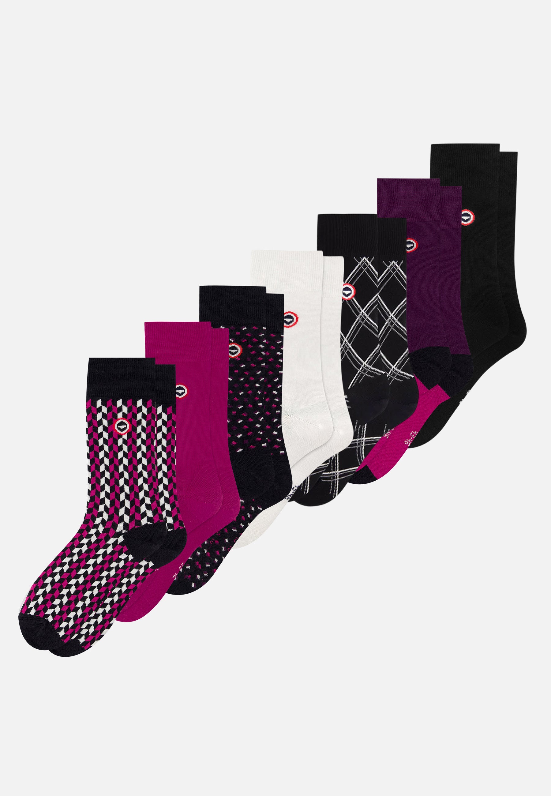 Lot de 7 chaussettes mi-hautes en coton - Chaussettes Fuchsia Petit Carré Fuchsia Fléchette Fuchsia Blanc Noir Tartan Noir