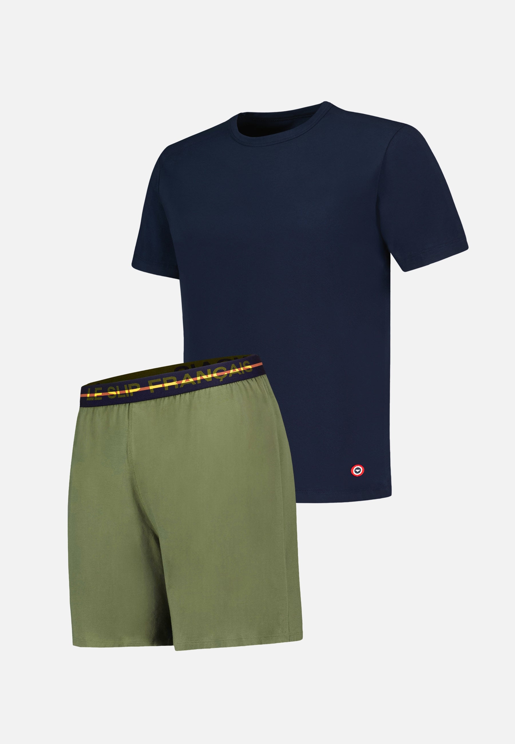 Cotton pyjama set (top and shorts) - Great navy short-sleeved pyjama top and invincible khaki short pyjama bottoms