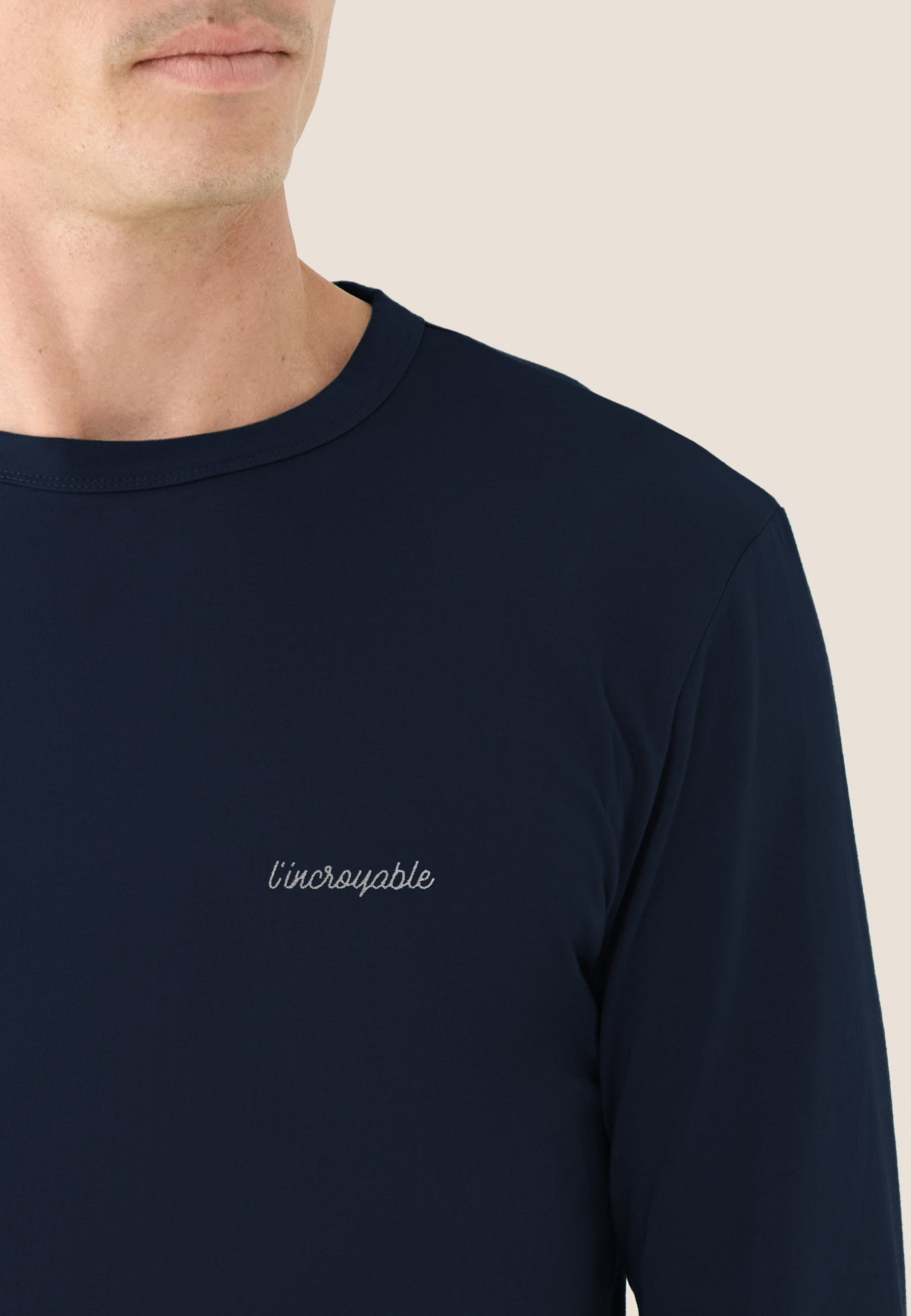 Men's navy blue long-sleeved cotton T-shirt - Superb Embroidered Navy Blue