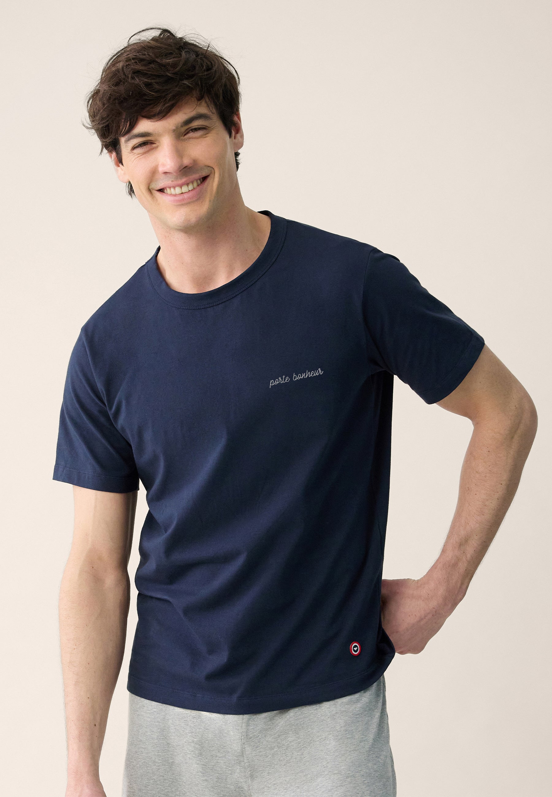 Men's navy blue short-sleeved cotton T-shirt - Formidable Navy Embroidered Lucky Charm
