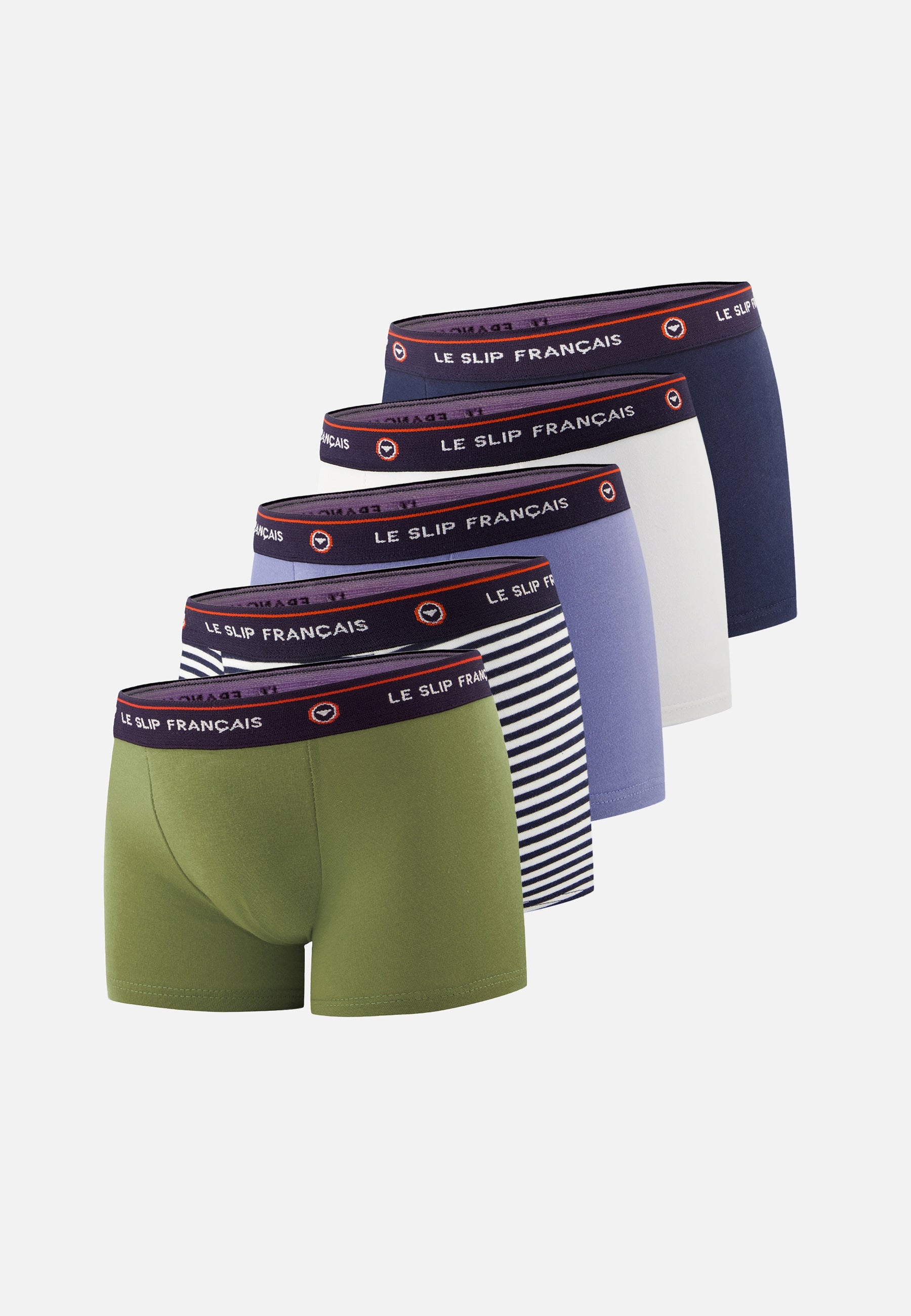 Pack of 5 children's cotton boxer shorts - White, Khaki, Veronese, Striped, Navy Blue, Denim