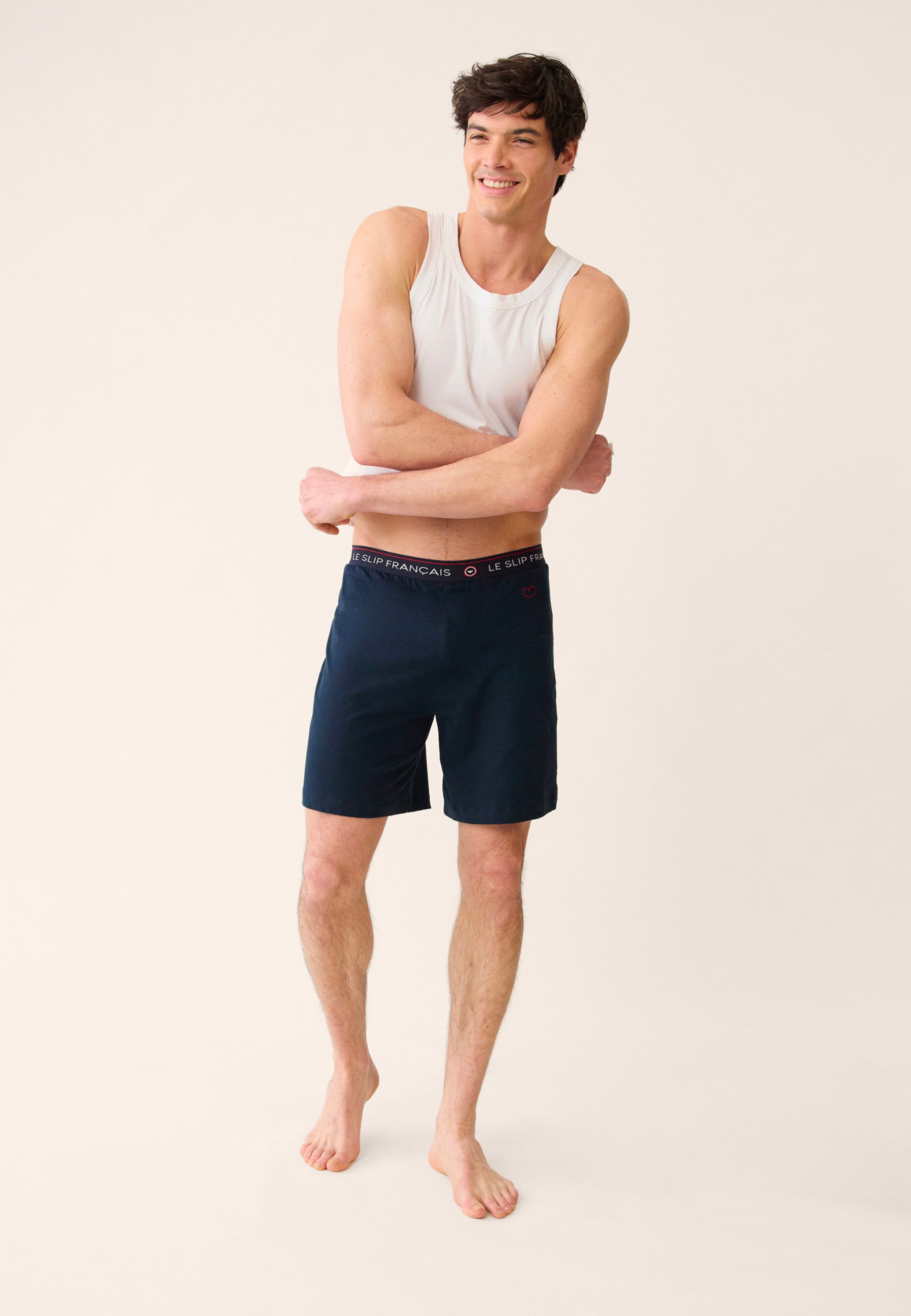 Bas de pyjama court bleu en coton - Invincible Marine Brodé 'Coeur'