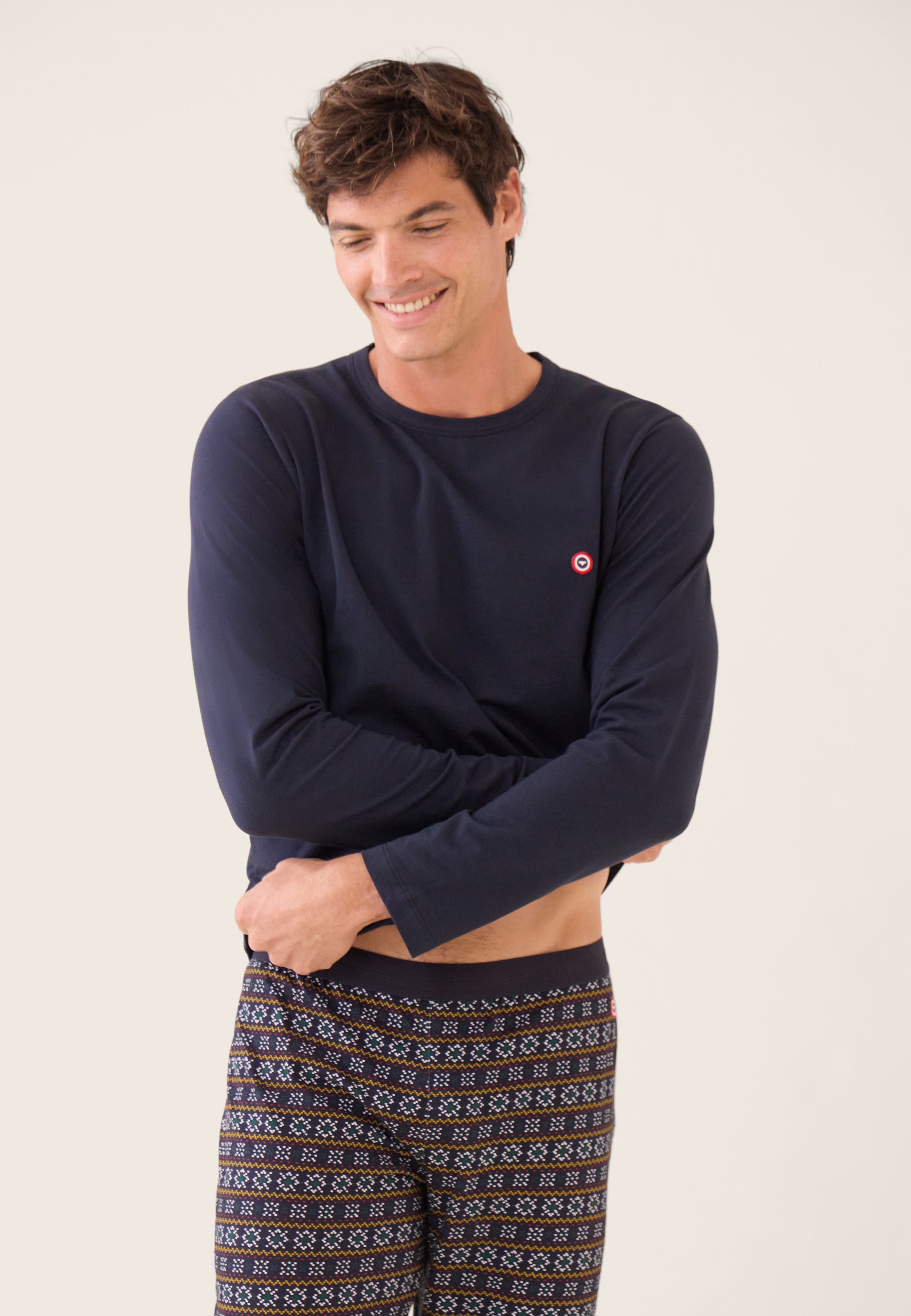 Ensemble pyjama haut bleu marine et bas fantaisie en coton - Pyjama Manuel Haut Manches Longues Uni Marine Et Bas Long Fantaisie