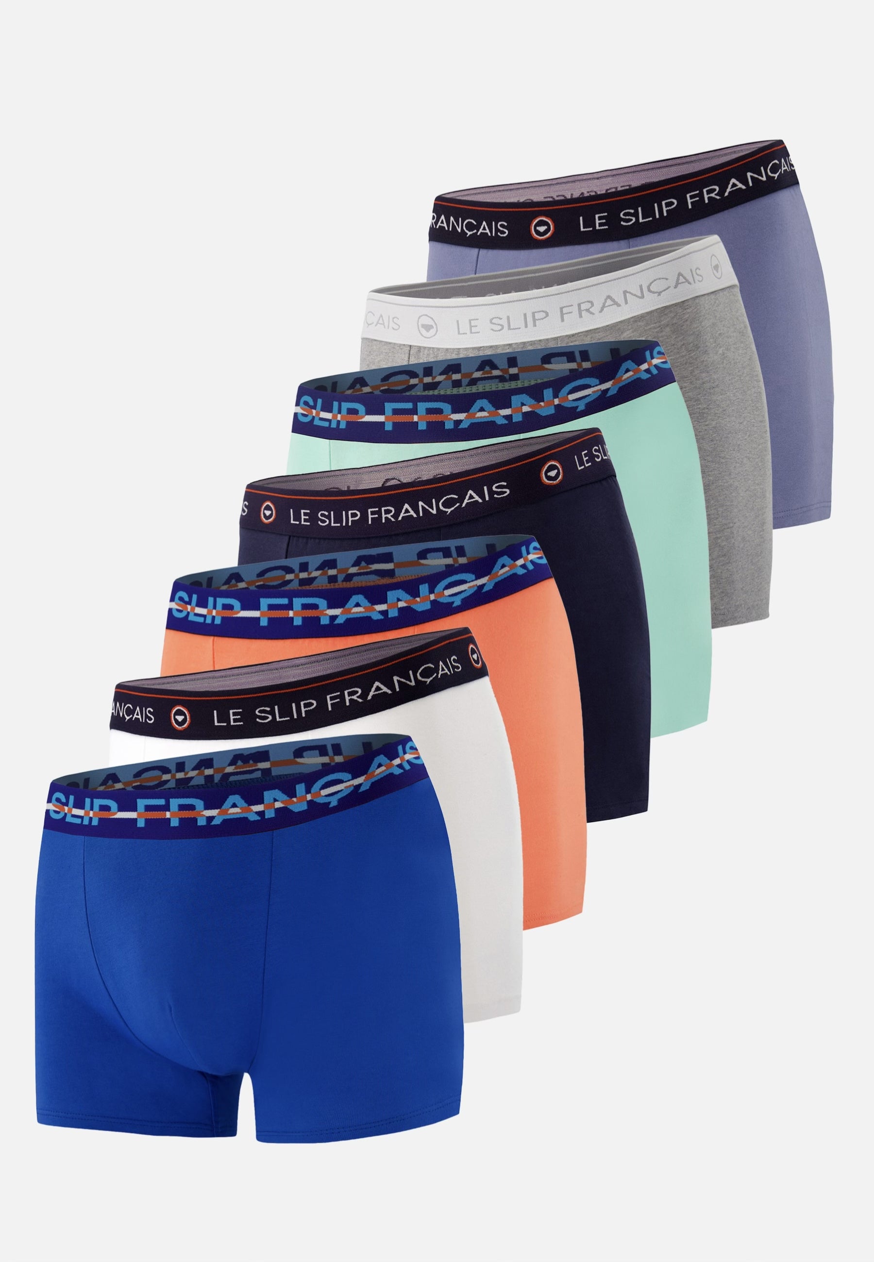 Lot de 7 boxers en coton - Boxers Marine Blanc Bleu Jean Orange Gris Bleu Nautique Vert Azur