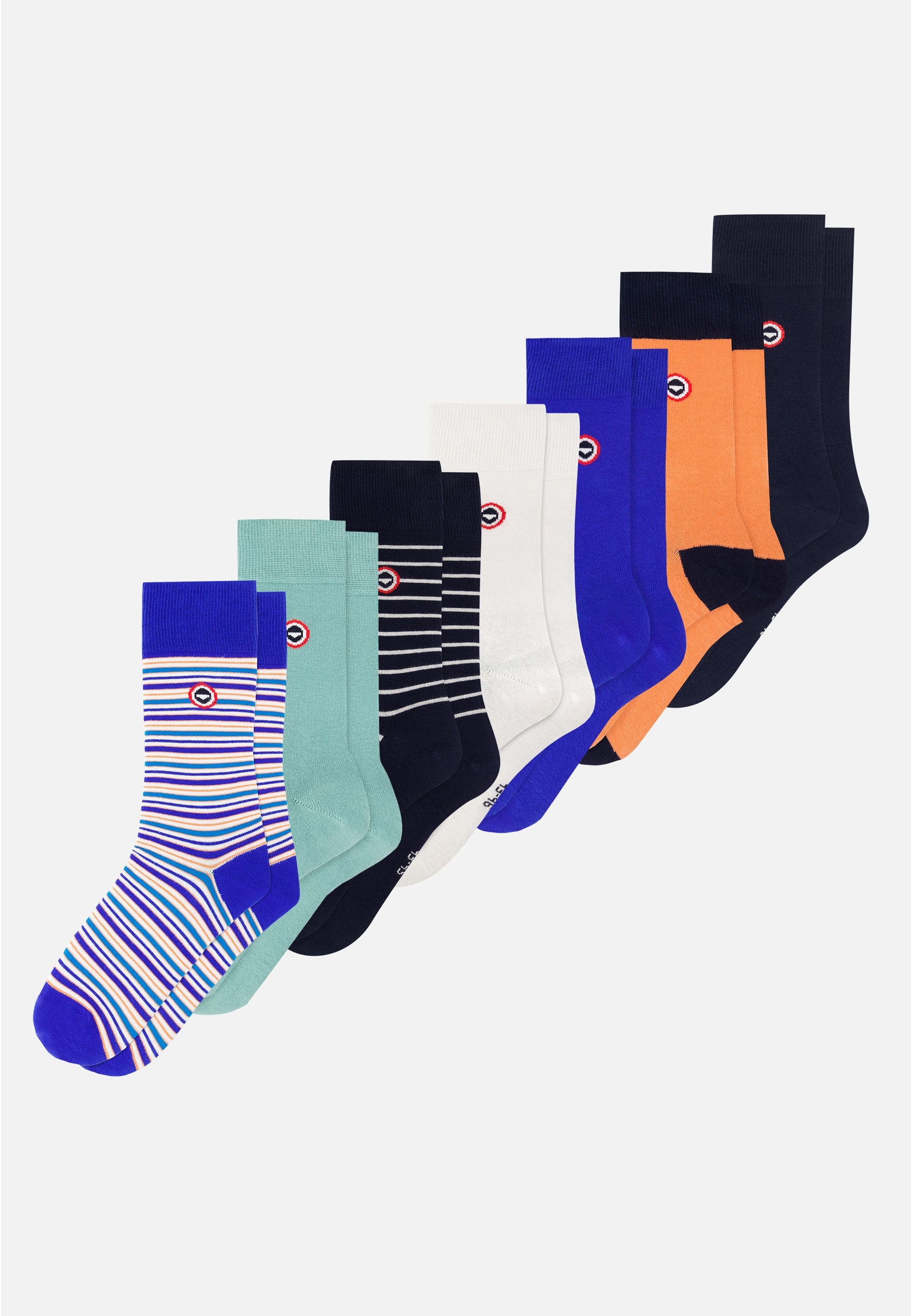 Lot de 7 chaussettes mi-hautes en coton - Chaussettes Vert Azur Matelas Bleu Nautique Orange Rayures Blanches Marine Blanc