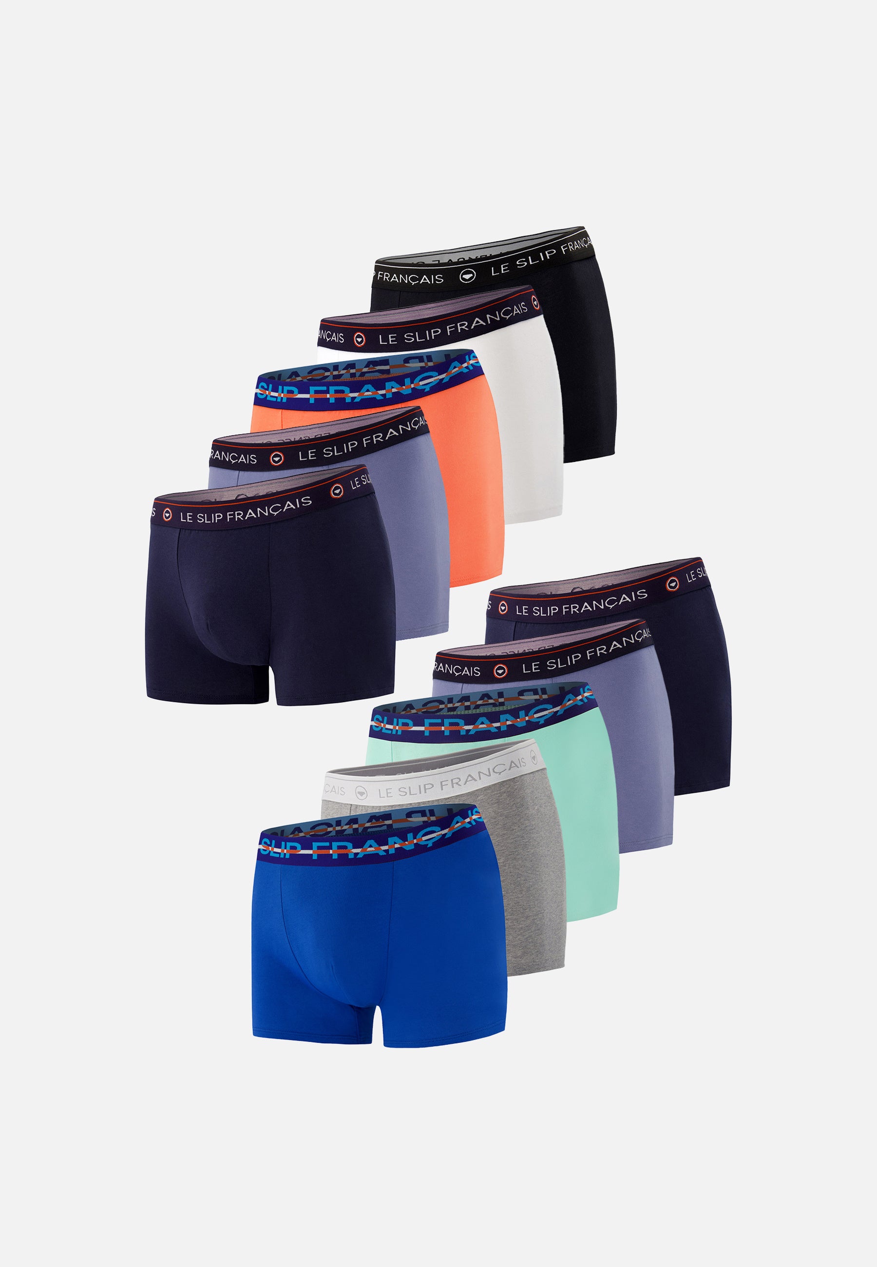 Pack of 10 cotton boxer shorts - Black, Navy, White, Denim Blue, Orange, Heather Grey, Nautical Blue, Azure Green
