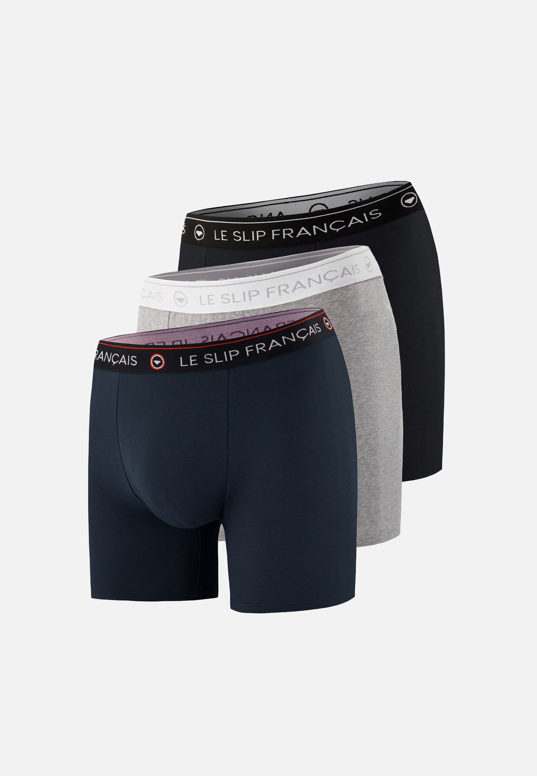Lot de 3 boxers longs en coton - Boxers Longs Marine Noir Gris Chiné