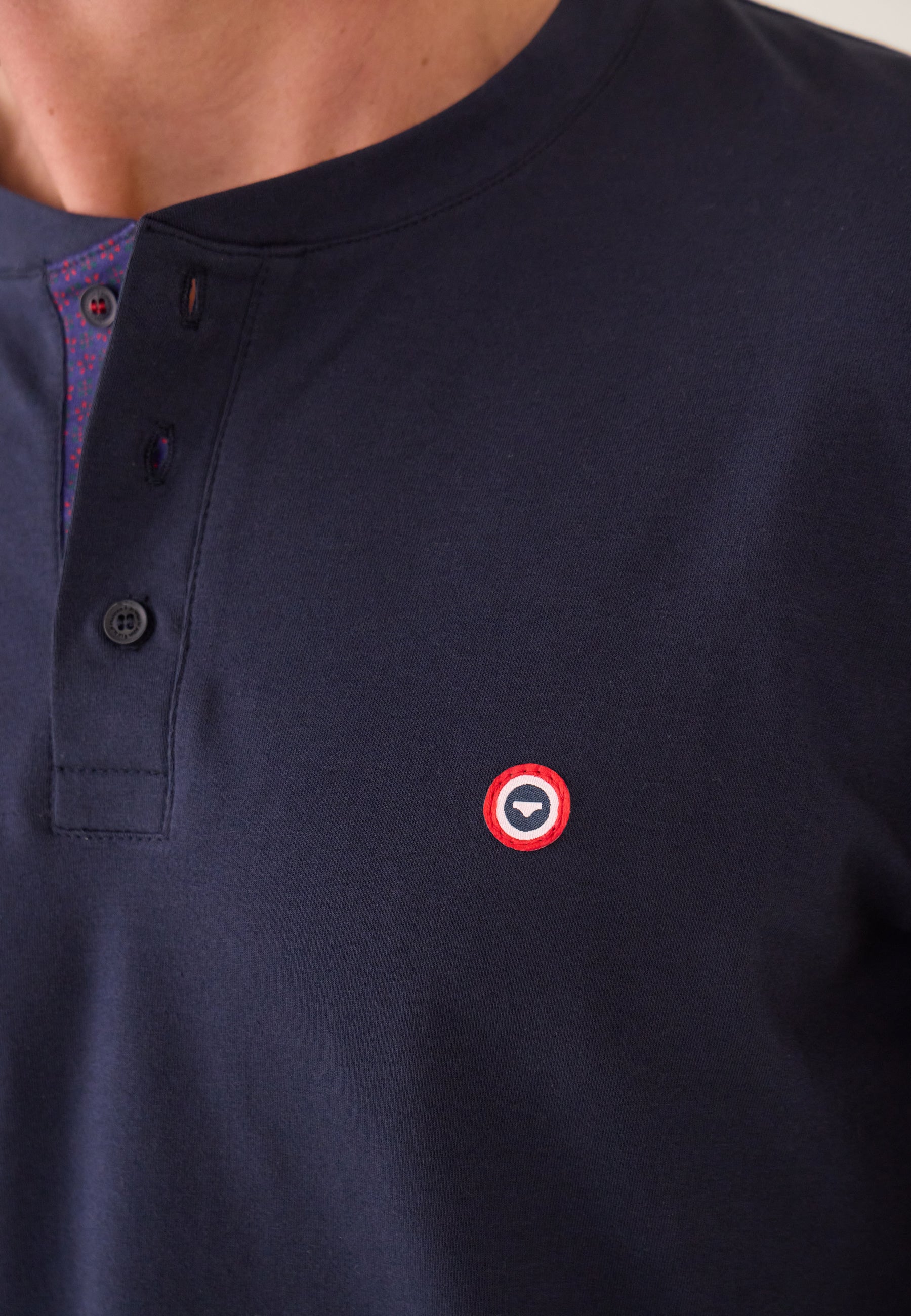 Ensemble pyjama haut bleu marine et pantalon fantaisie en coton - Pyjama Sebastien Haut Manches Longues Uni Marine Et Bas Long Fantaisie