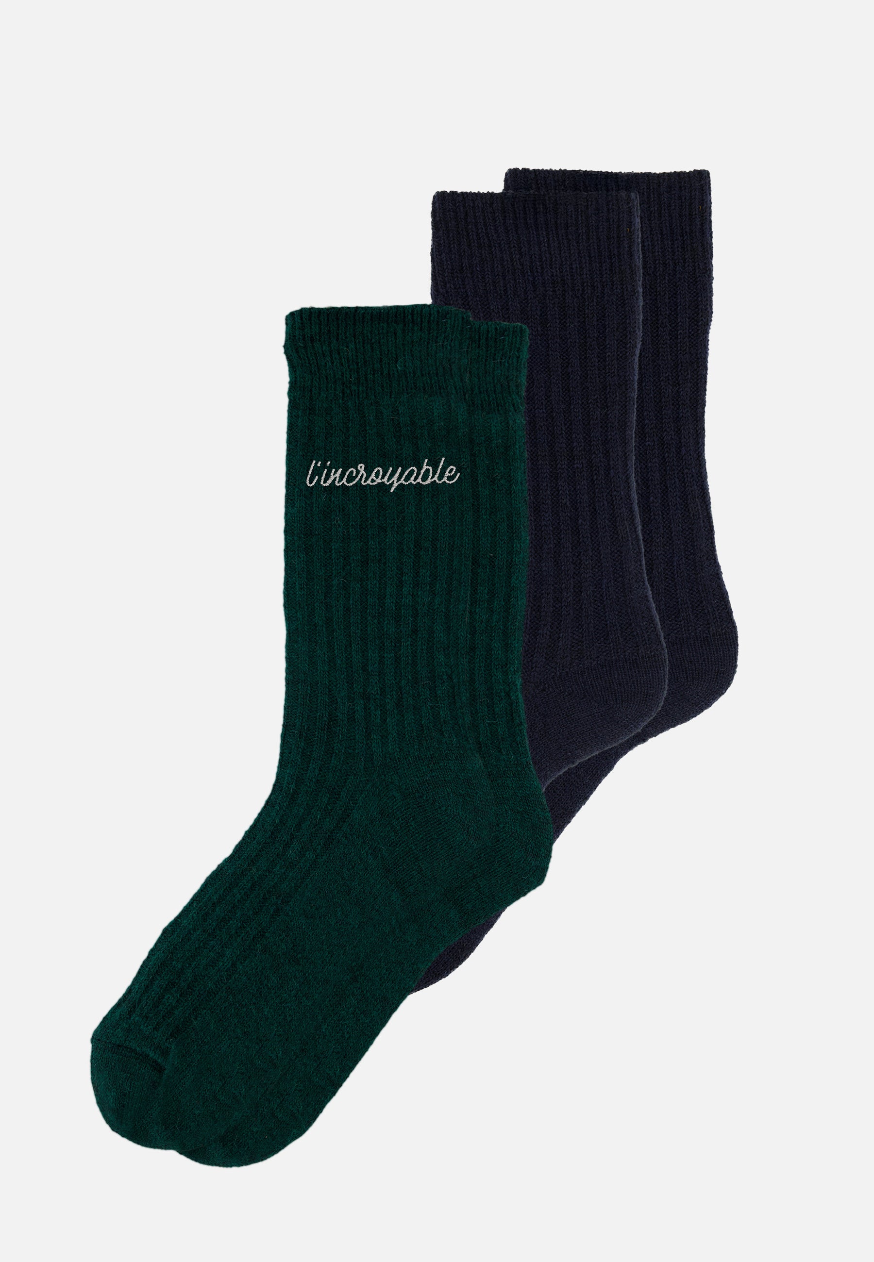 Lot de 2 chaussettes mi-hautes en mohair - Chaussettes Vert Sapin Brodé L'Incroyable Marine
