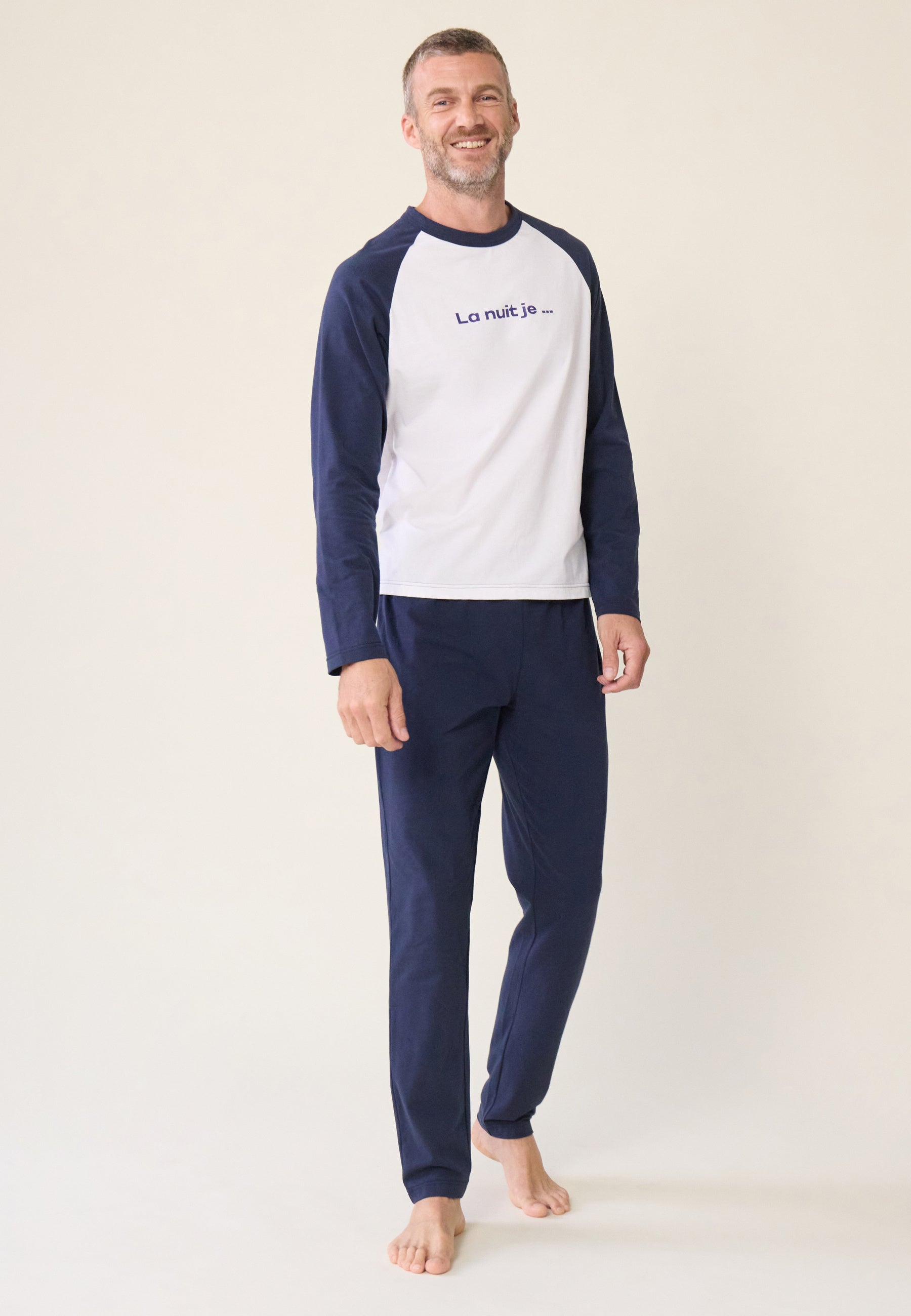 Ensemble pyjama haut et pantalon bleu en coton - Pyjama nathan haut manches longues Blanc et bas de pyjama long Marine