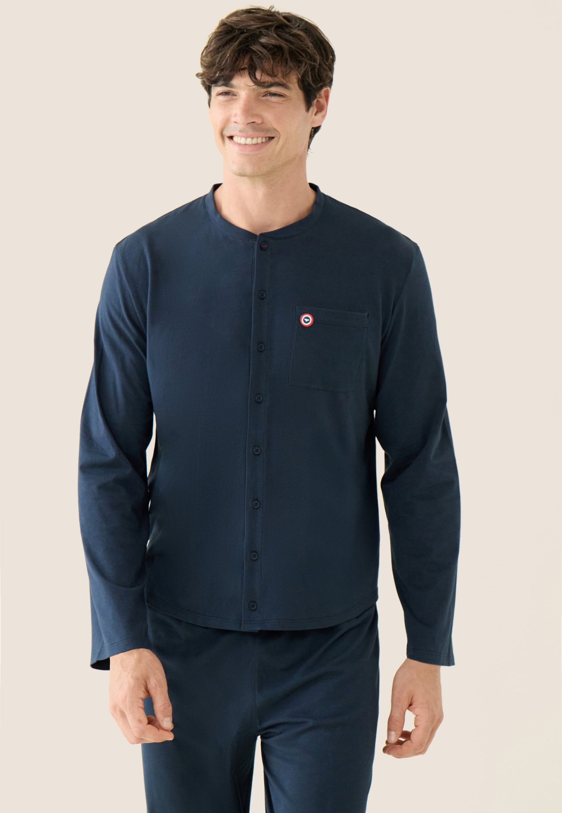 Ensemble pyjama haut et pantalon bleu marine en coton - Pyjama Haut Manches Longues Et Bas De Pyjama Long Hugo Marine