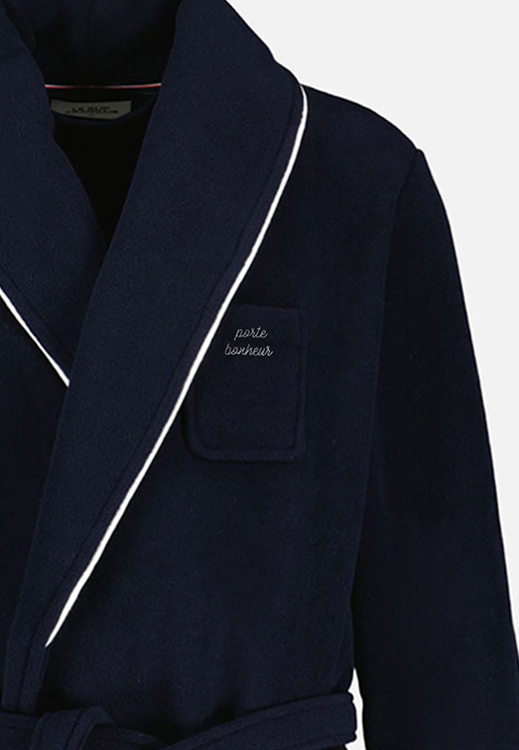 Men's warm navy blue dressing gown with shawl collar - Devy Navy Fleece Embroidered Lucky Charm