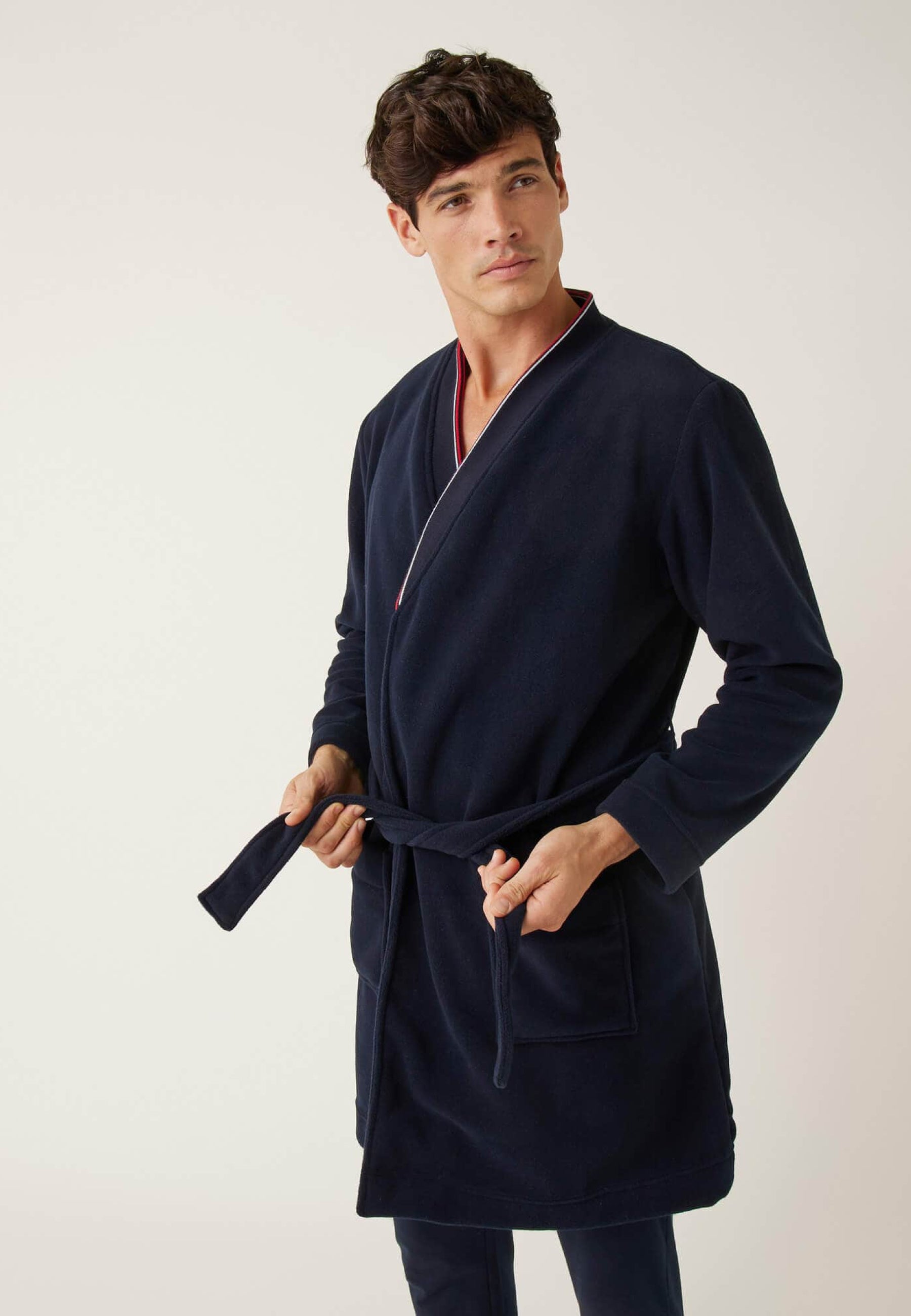 Men's warm navy blue dressing gown with classic collar - Maxime En Polaire Marine