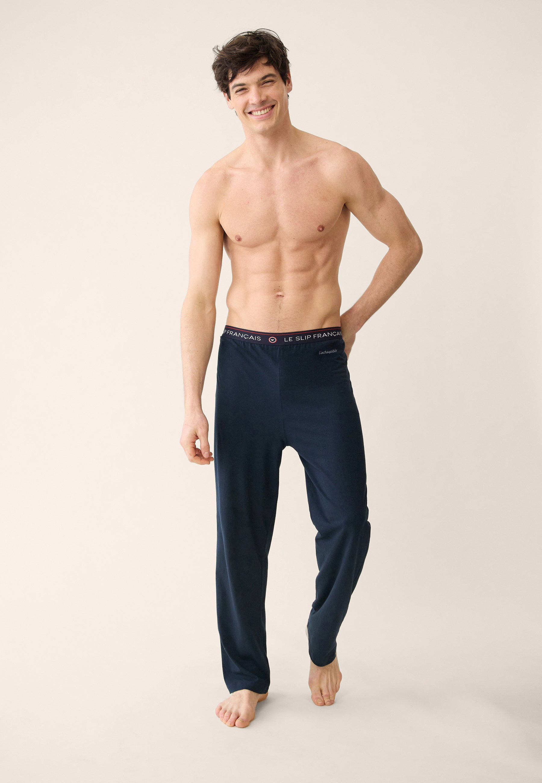 Men's navy blue cotton long pyjama bottoms - Indomitable Navy Embroidered The Incredible