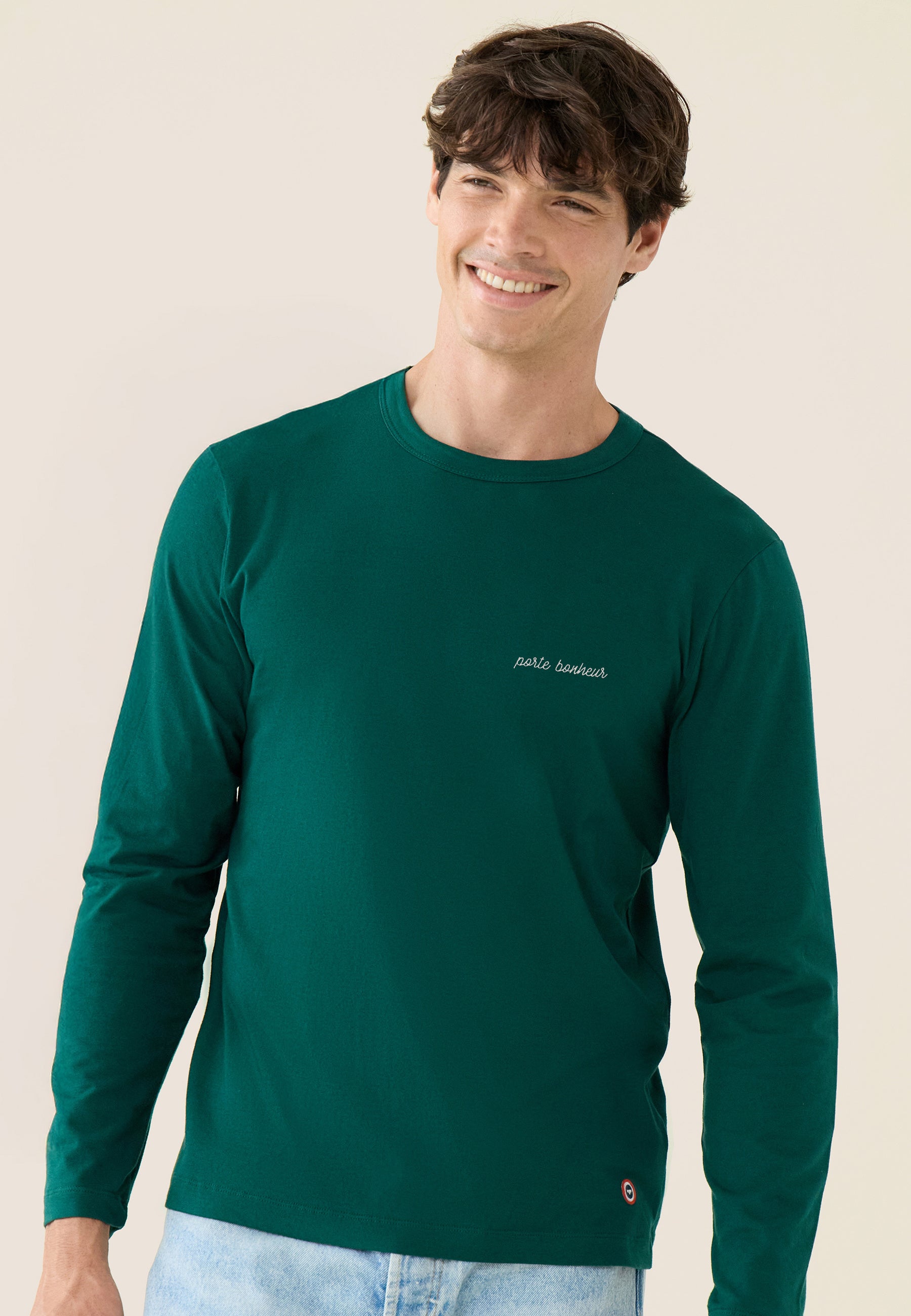 T-shirt homme vert sapin à manches longues en coton - Superbe Vert Sapin Brodé Porte Bonheur