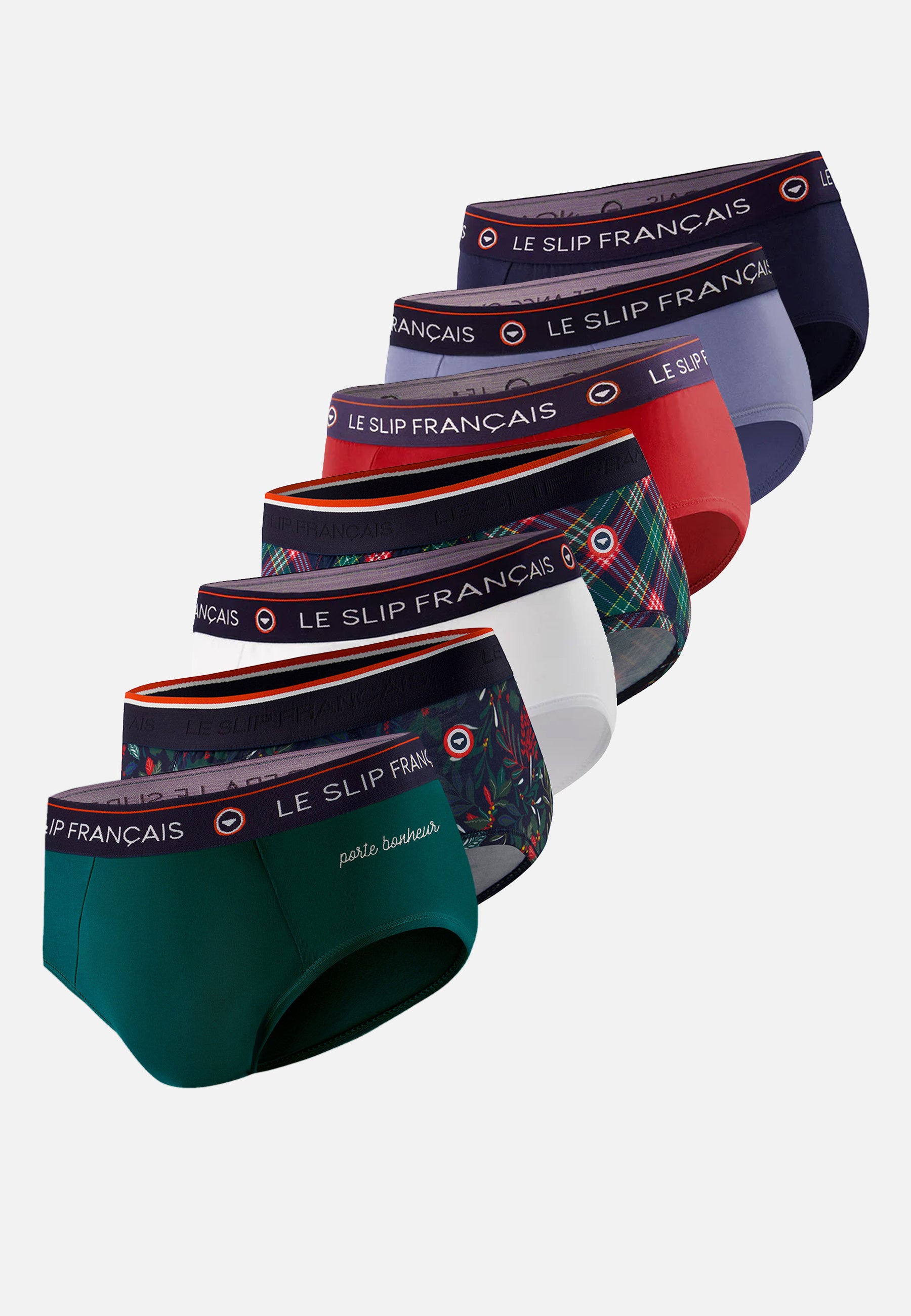 Set of 7 cotton briefs - Navy Blue Denim Holly White Pine Green Embroidered Lucky Charm Tartan Cherry