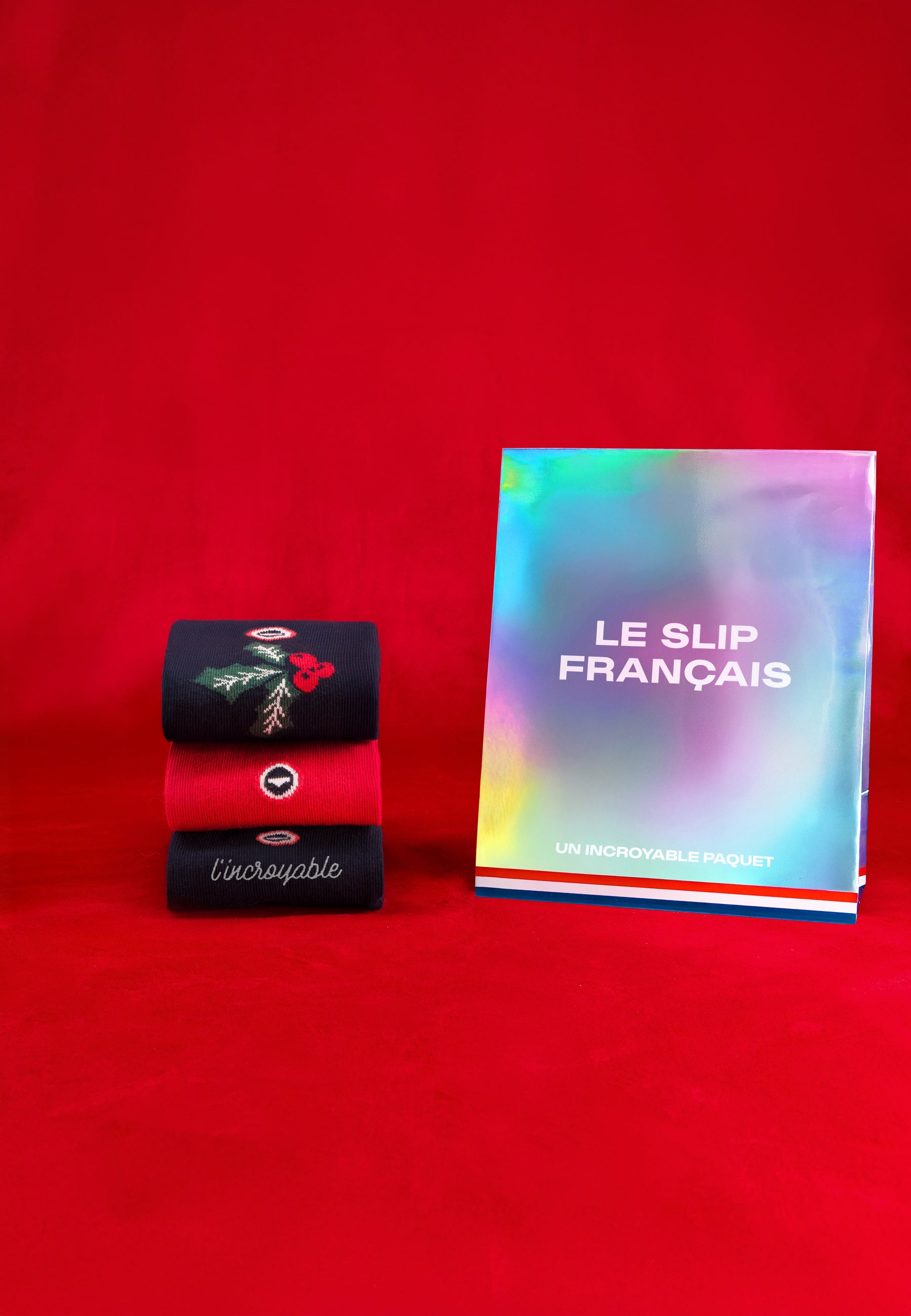 Lot de 3 chaussettes mi-hautes en coton - Chaussettes Marine Brodé L'Incroyable Houx Rouge Cerise