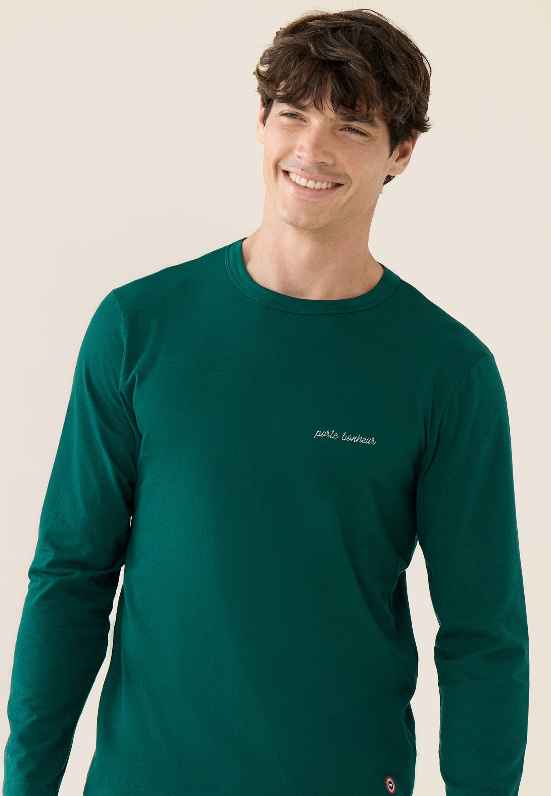 Ensemble pyjama haut vert sapin et pantalon marine en coton - Pyjama haut manches longues superbe Vert Sapin brodé Porte Bonheur et bas de pyjama long indomptable Marine