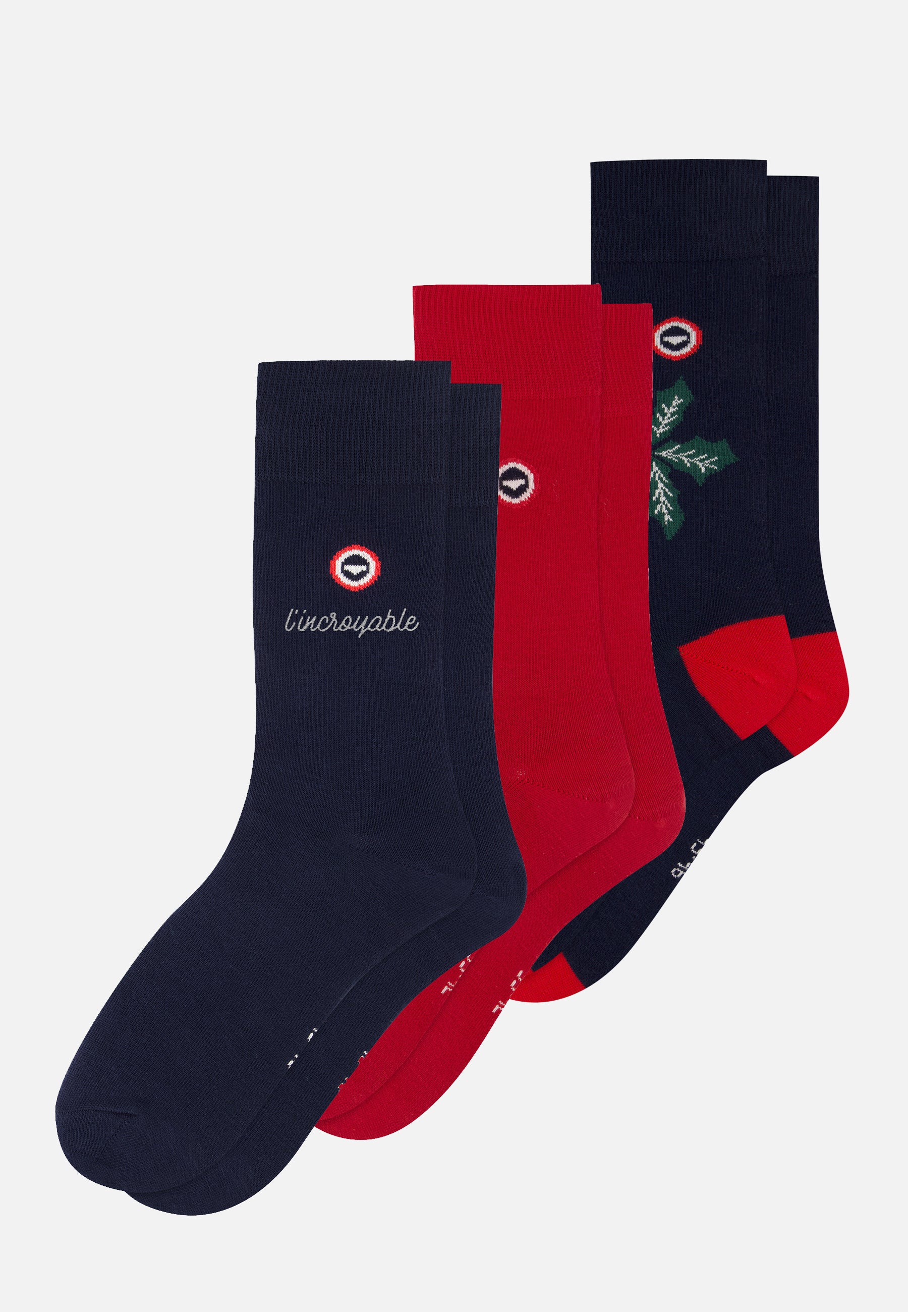 Lot de 3 chaussettes mi-hautes en coton - Chaussettes Marine Brodé L'Incroyable Houx Rouge Cerise