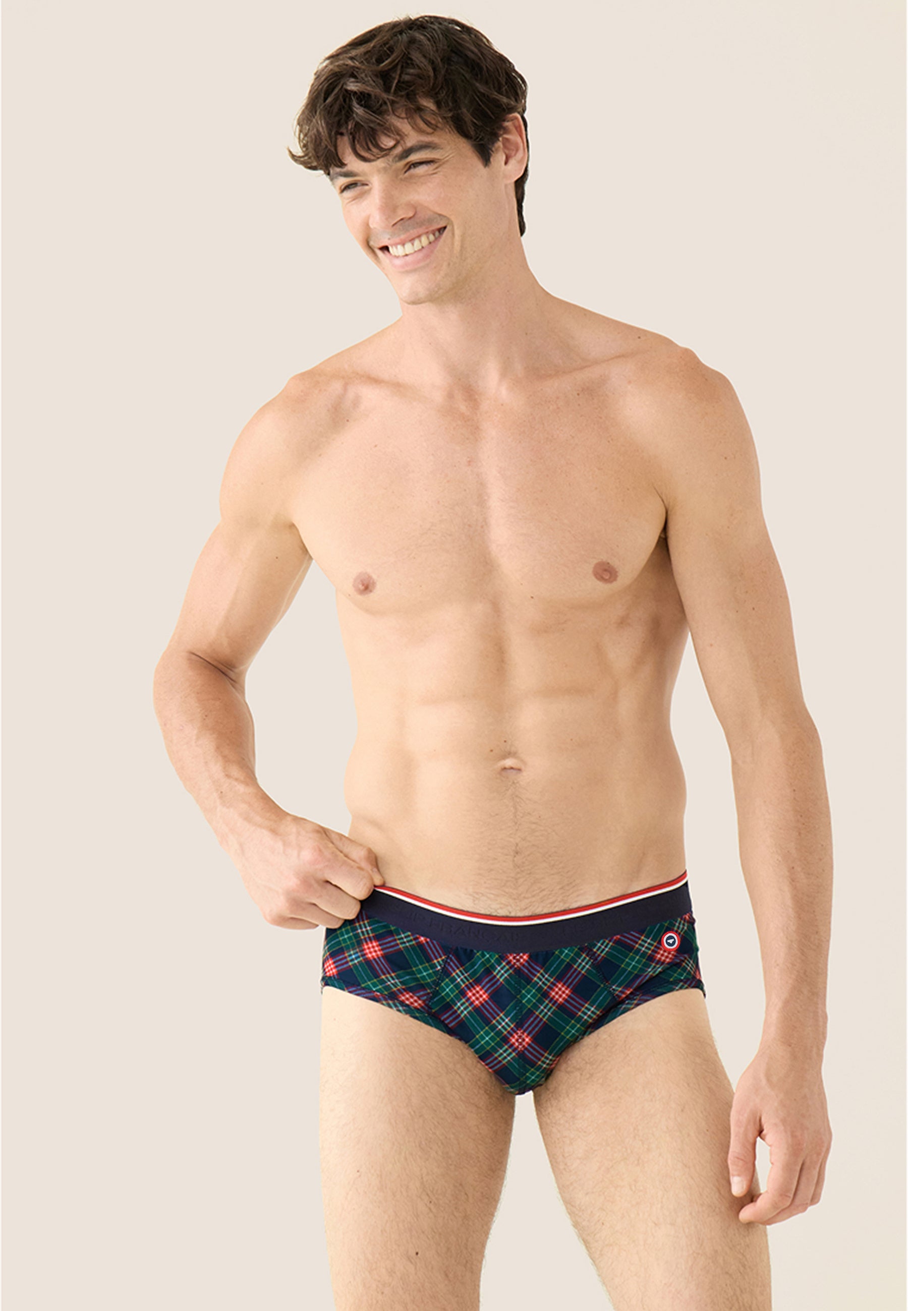 Set of 7 cotton briefs - Navy Blue Denim Holly White Pine Green Embroidered Lucky Charm Tartan Cherry
