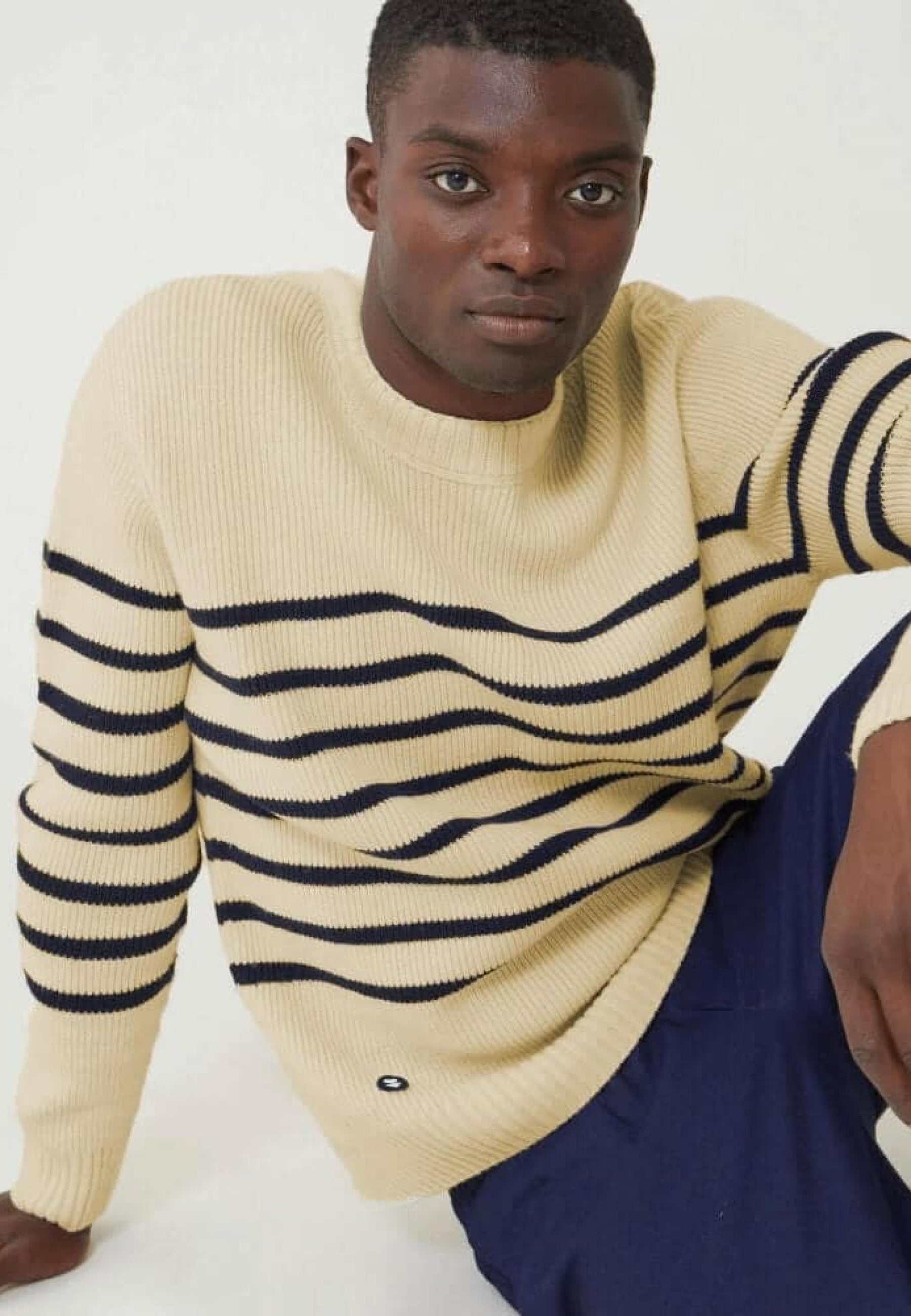 Pull mixte en laine française - Lude Marinière Ecru Marine