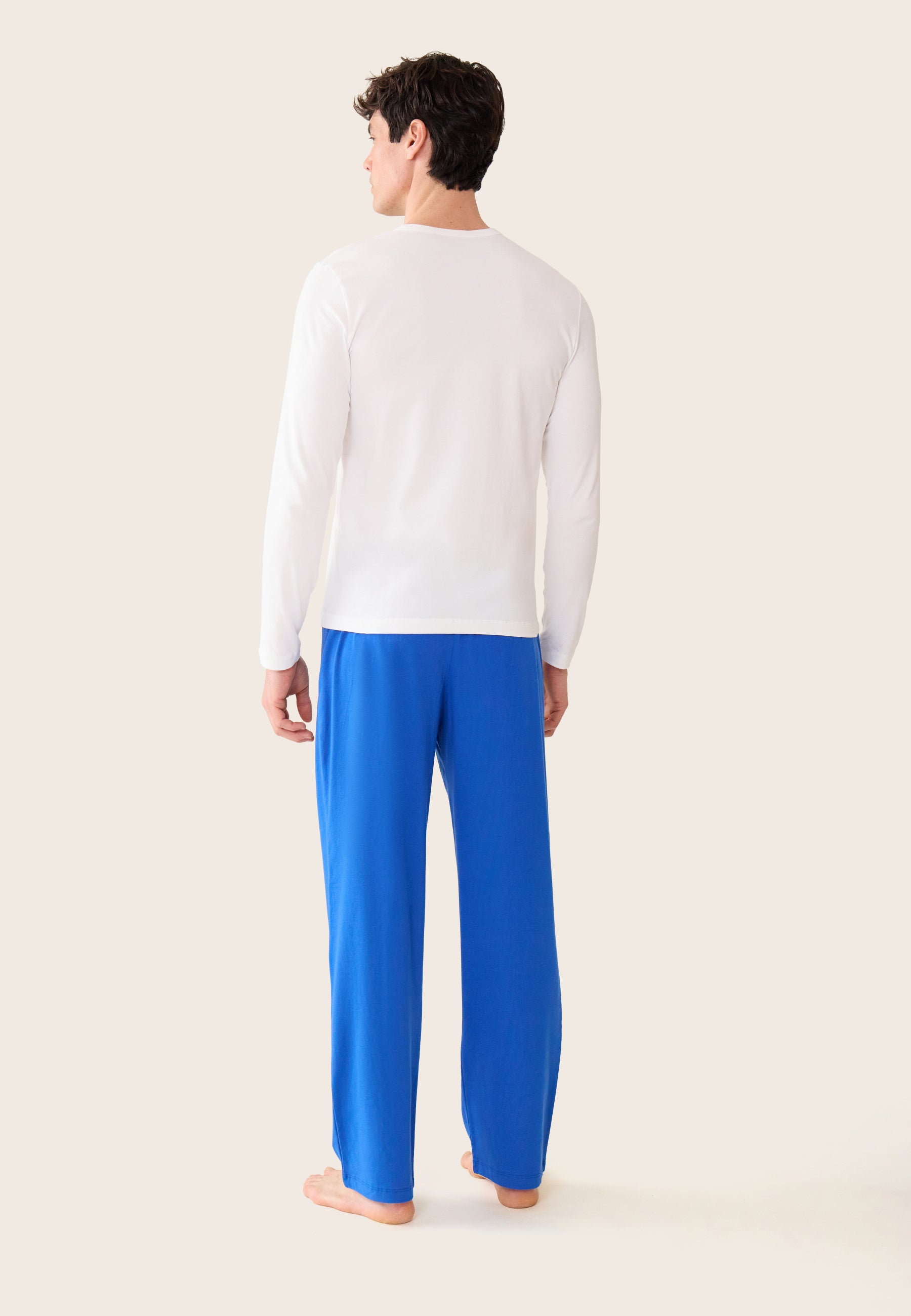 Ensemble pyjama haut blanc et pantalon bleu en coton - Pyjama haut manches longues superbe Blanc et bas de pyjama long indomptable bleu nautique