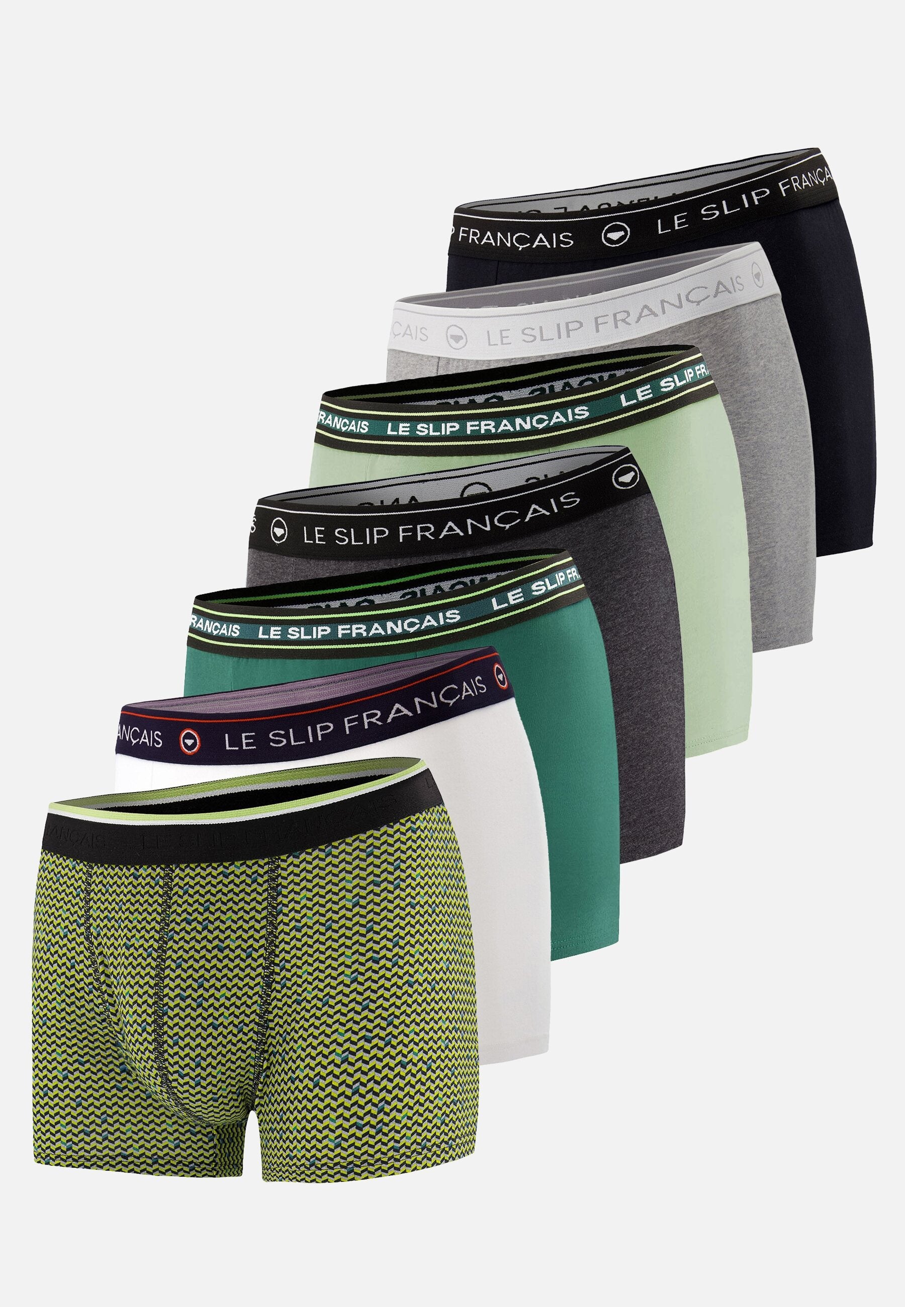 Lot de 7 boxers en coton - Boxers Chevron Jaune Anis Noir Vert Forêt Vert Sauge Anthracite Gris Chine Blanc