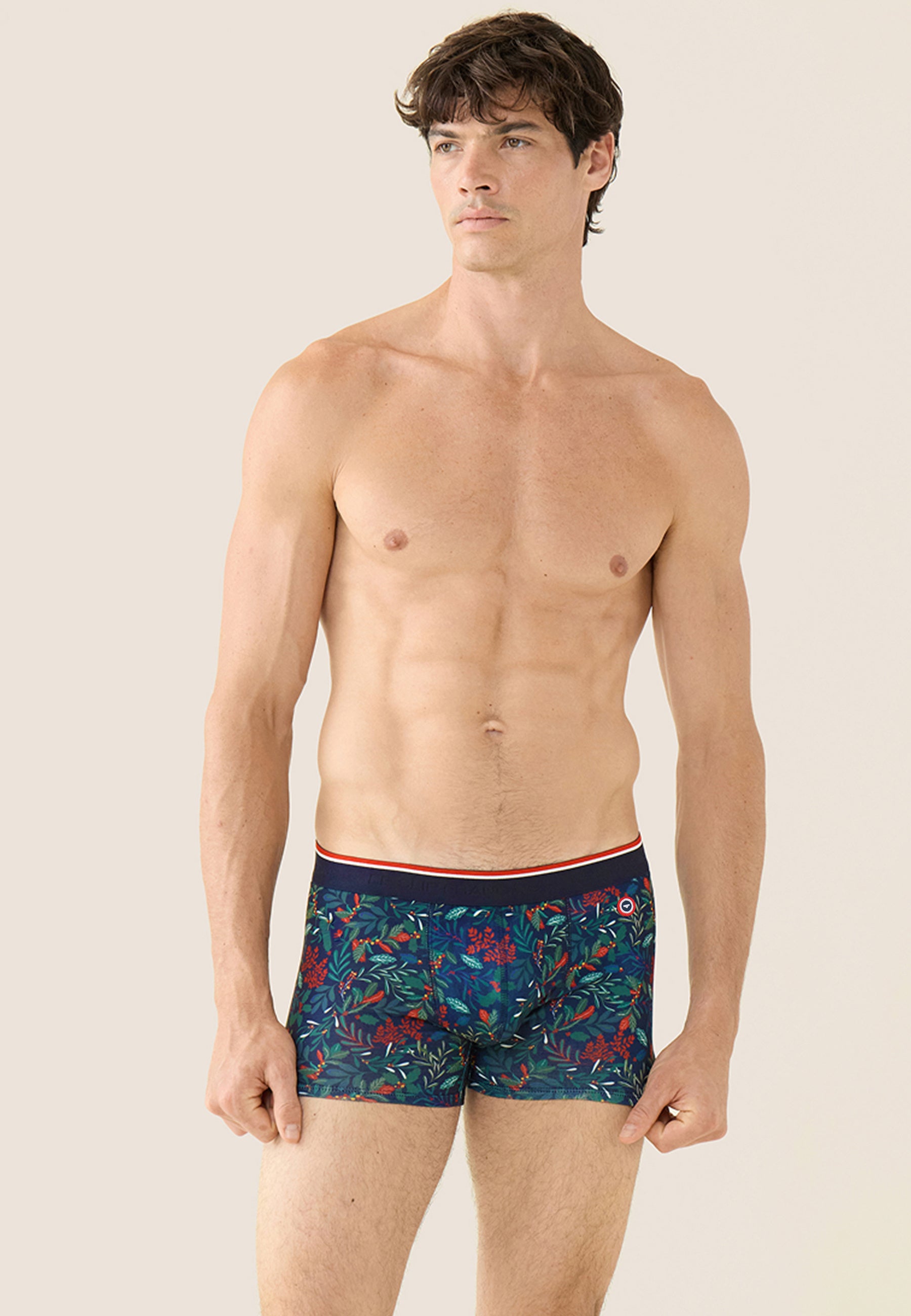 Boxer bleu marine imprimé houx - Marius Houx Marbre Vert