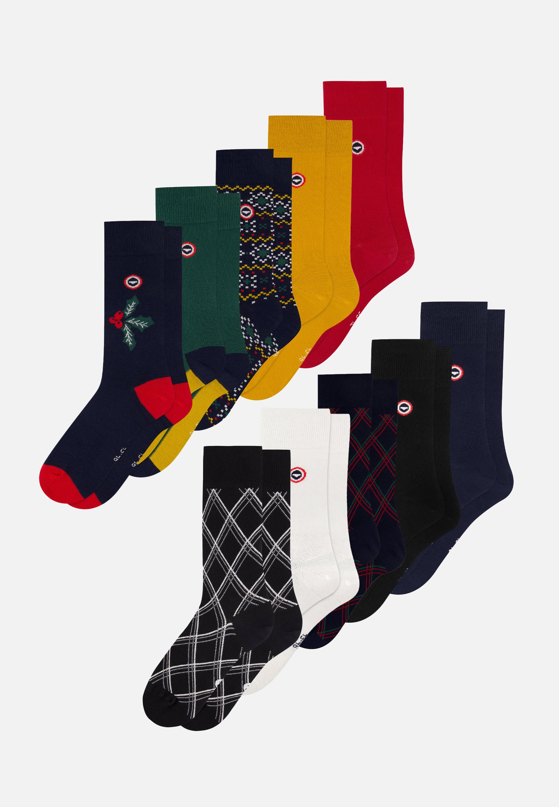 Pack of 10 mid-calf cotton socks - Navy Socks Fir Green Cherry Red Half Block Snowflake Mustard Holly White Tartan Black Black
