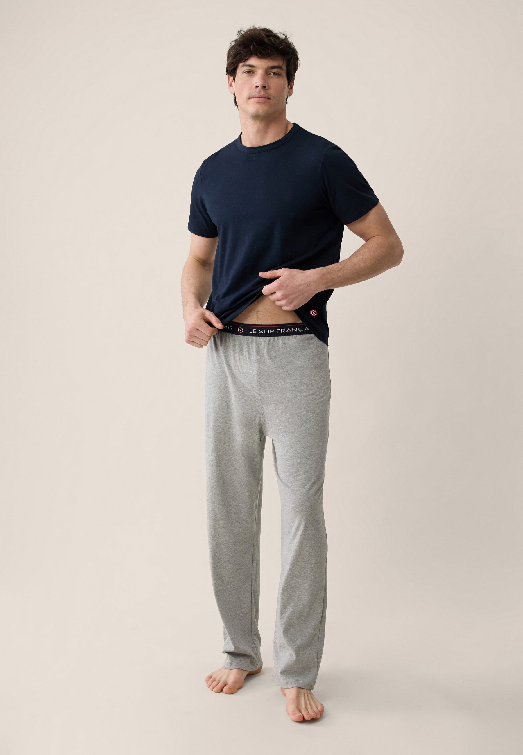 Navy Blue Top and Grey Cotton Pants Pajama Set - Terrific Navy Short Sleeve Top Pajamas and Indomitable Grey Long Pajama Bottoms