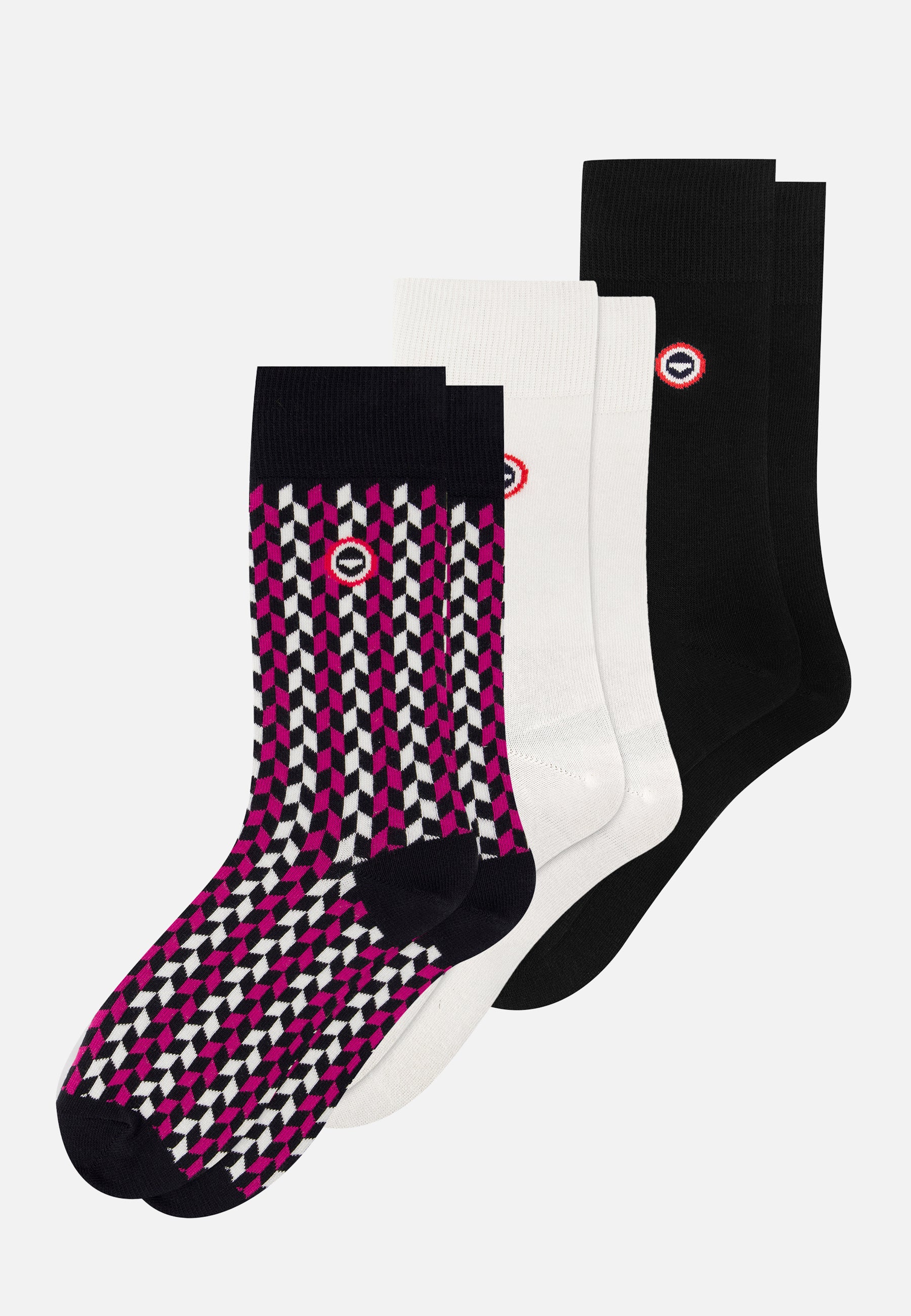 Set of 3 mid-calf cotton socks - Dart Socks Fuchsia White Black