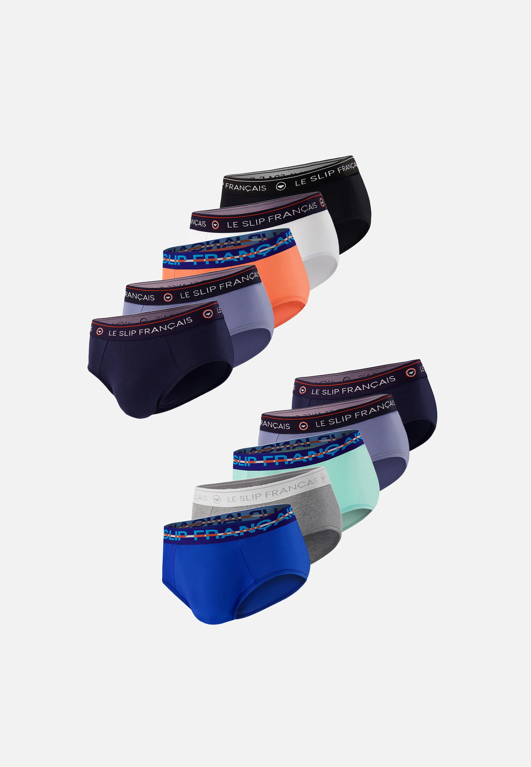 Lot de 10 slips en coton - Slips Noir Marine Blanc Bleu Nautique Orange Gris Chiné Bleu Jean Vert Azur
