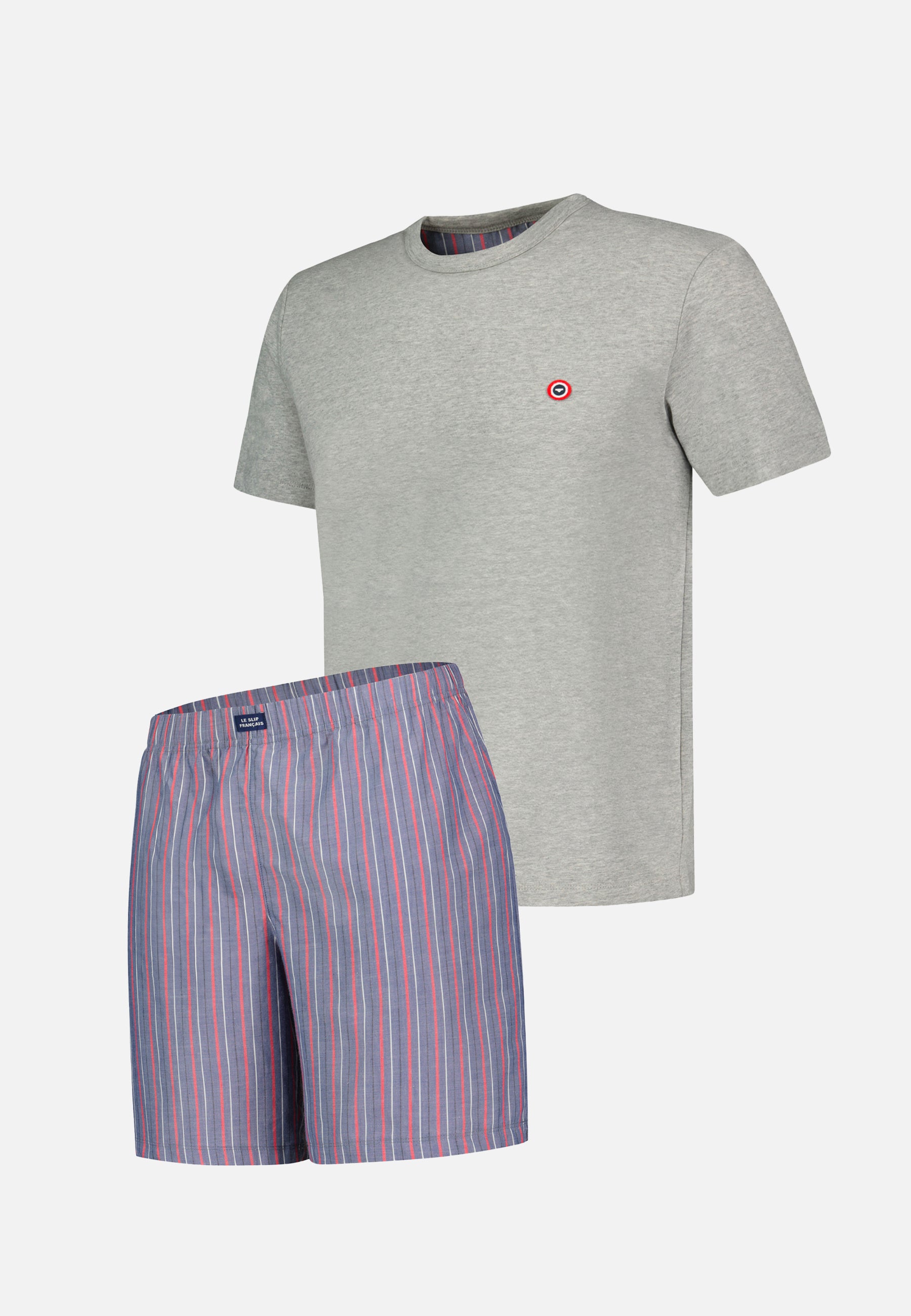 Heather gray cotton top and shorts pajama set - Tristan pajamas Heather gray short-sleeved top and tricolor striped short pajama bottoms