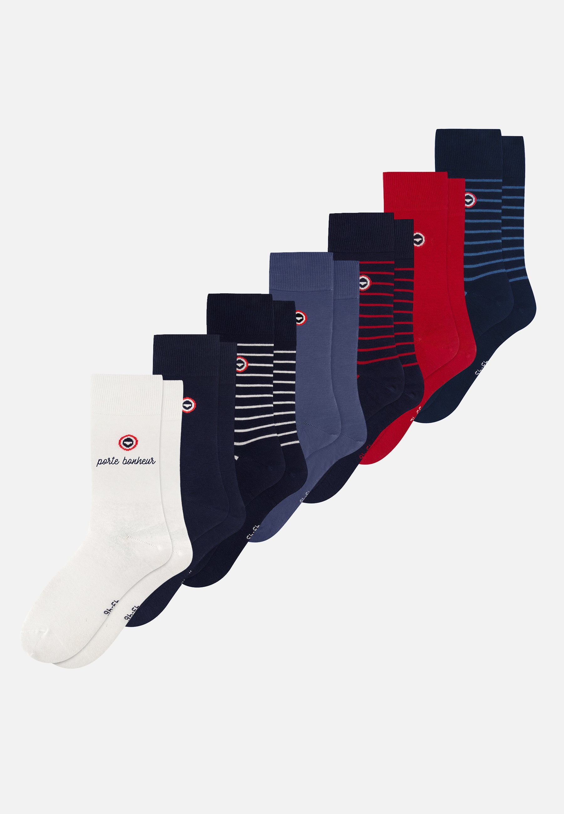Lot de 7 chaussettes mi-hautes en coton - Chaussettes Marine Acier Rayures Rouge Blanc Brodé Porte Bonheur