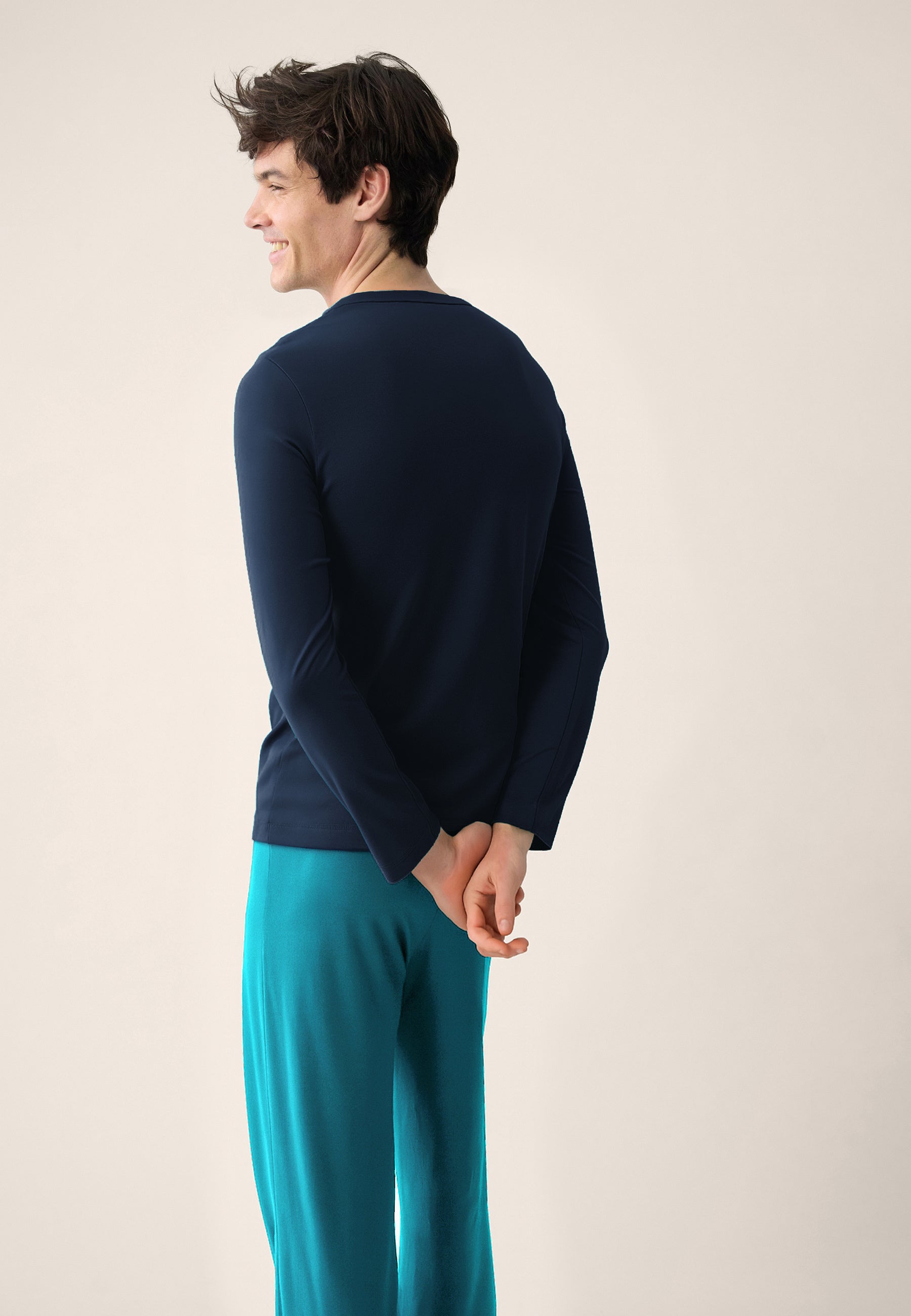 Ensemble pyjama haut marine et pantalon bleu en coton - Pyjama haut manches longues superbe Marine et bas de pyjama long indomptable Topaz