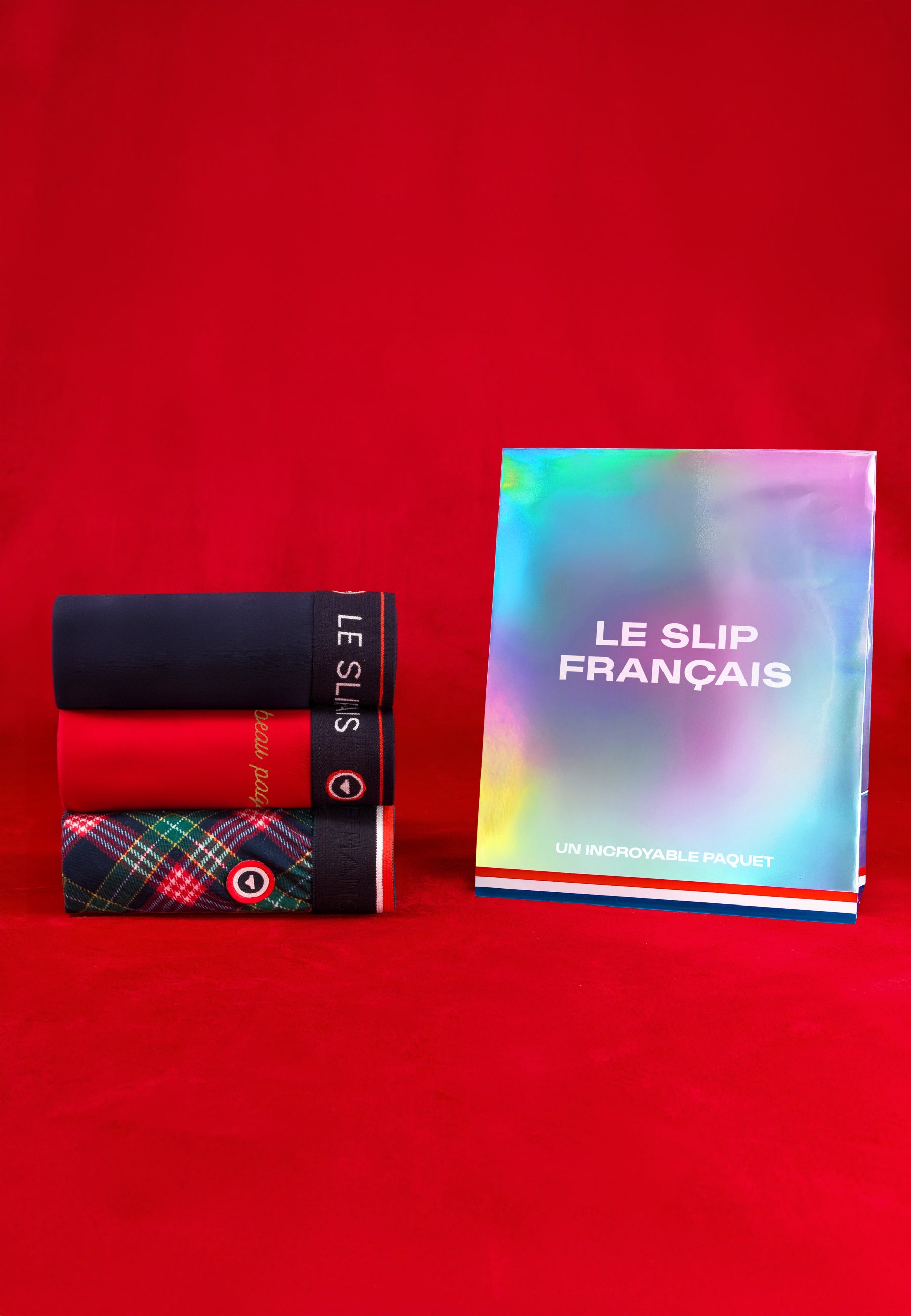 Lot de 3 boxers en coton - Boxers Marine Tartan Rouge Brodé Beau Paquet