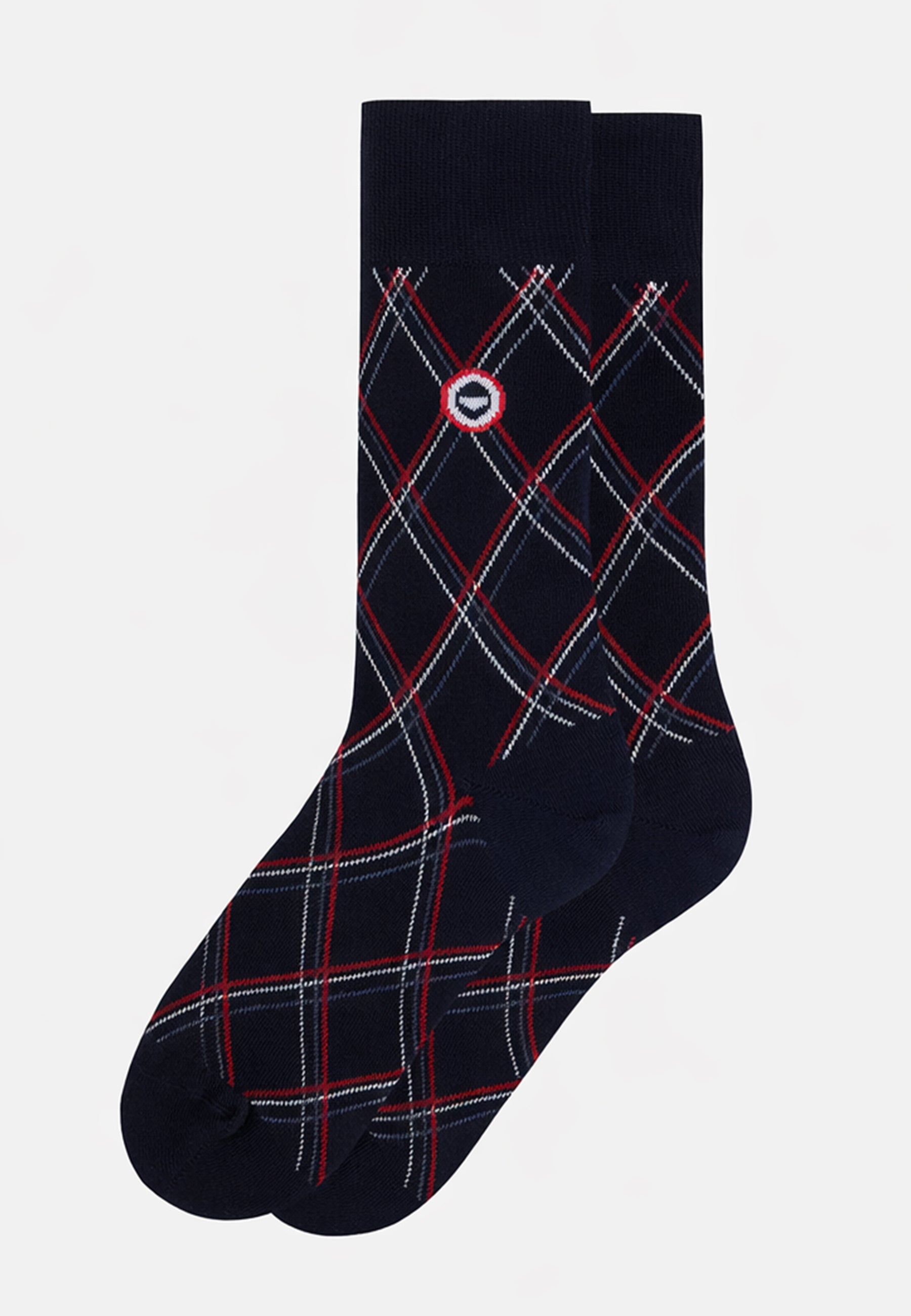 Mid-calf navy blue socks with a fancy check pattern - Lucas Tartan Marine