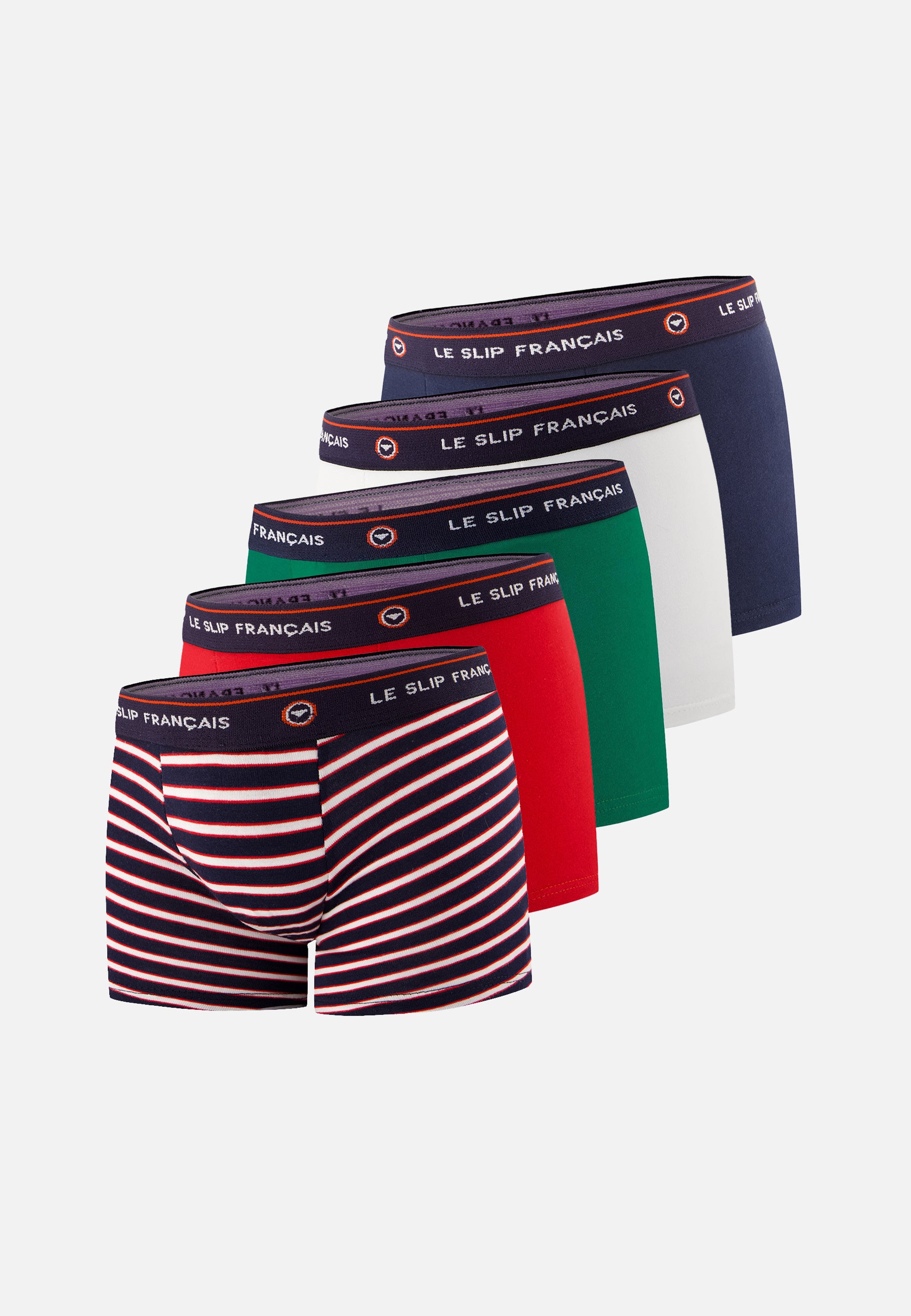 Lot de 5 boxers enfant en coton - Boxers Rayures Tricolores Rouge Marine Emeraude Blanc