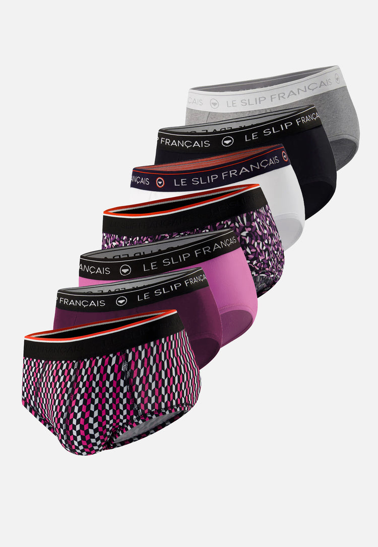 Lot de 7 slips en coton - Slips Prune Fuchsia Blanc Noir Gris Chiné Fléchette Fuchsia Gavotte Prune - Le Slip Français - 1