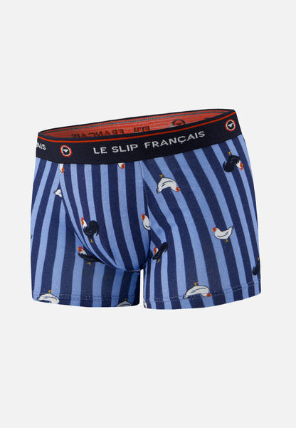 Boxer enfant à motif rayure coq bleu acier en coton - Petit Joseph Rayure Coq Bleu Acier