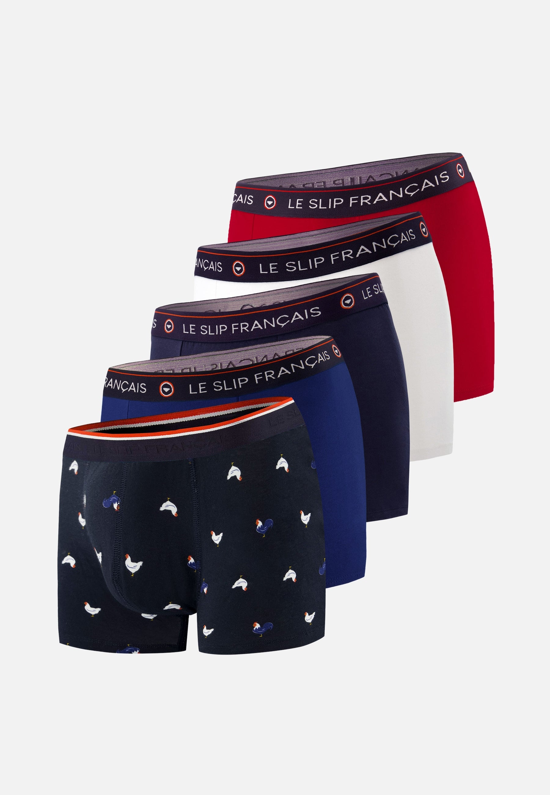 Lot de 5 boxers en coton - Boxers Coq Marine Indigo Marine Blanc Rouge